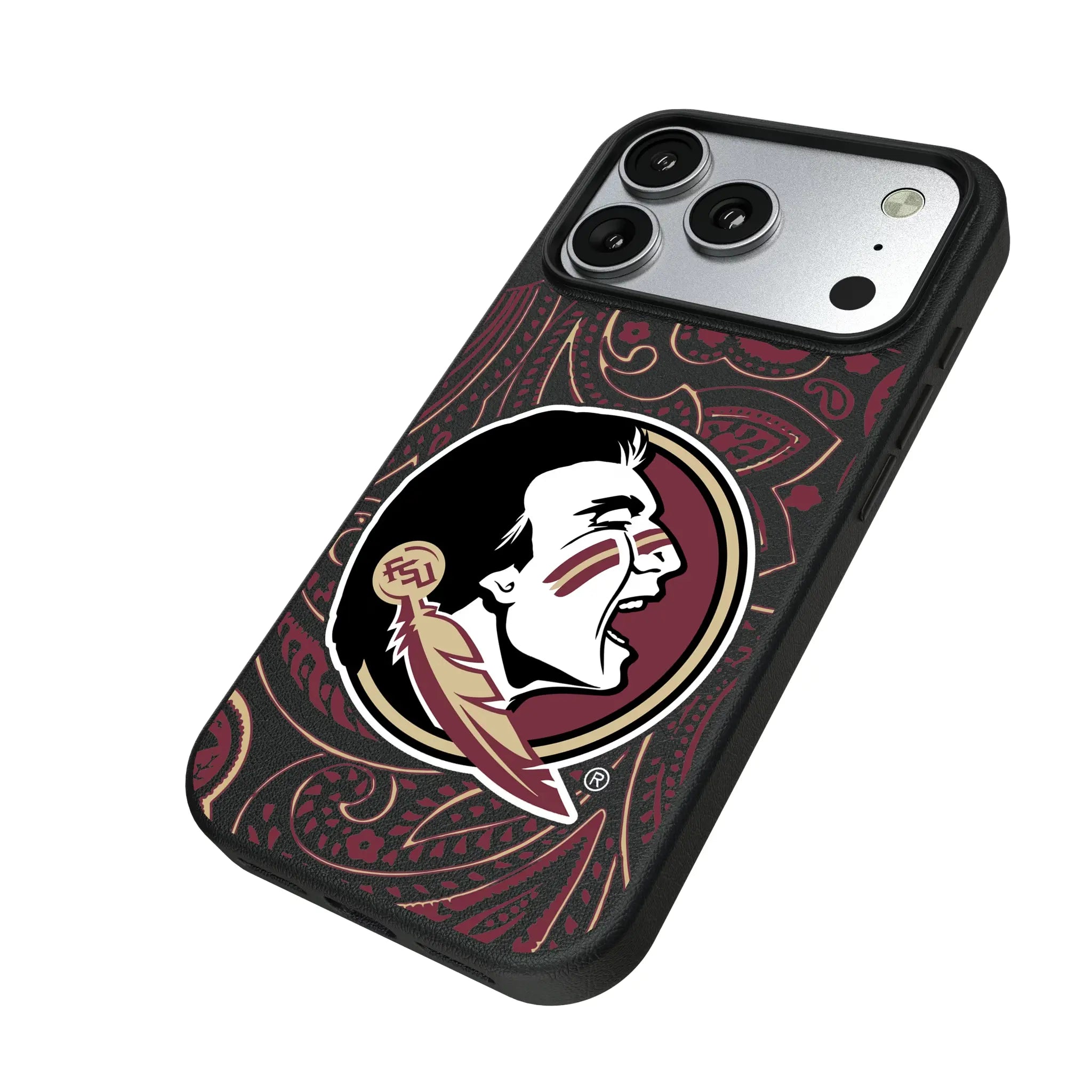 Florida State University Seminoles Paisley iPhone MagSafe Compatible Phone Case for Apple iPhone - Isometric View#Device_iPhone 17 Pro