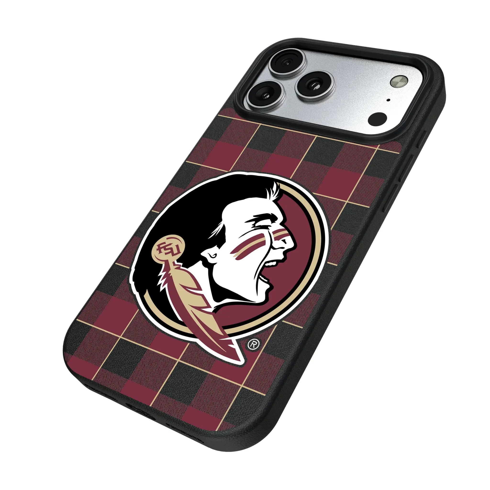 Florida State University Seminoles Plaid iPhone MagSafe Compatible Phone Case for Apple iPhone - Isometric View#Device_iPhone 17 Pro Max