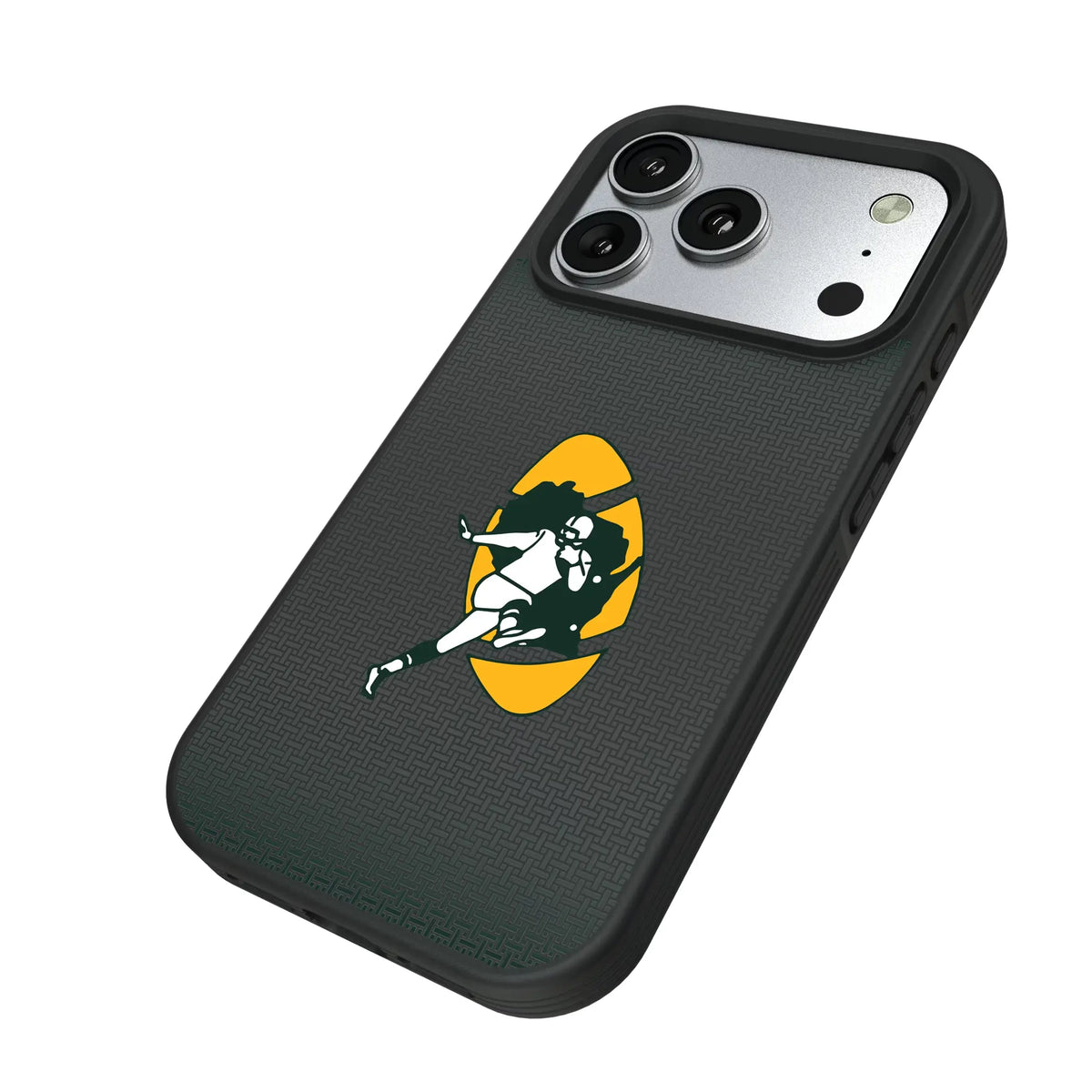 Green Bay Packers Historic Collection Linen iPhone Bump Phone Case for Apple iPhone - Isometric View#Device_iPhone 17 Pro