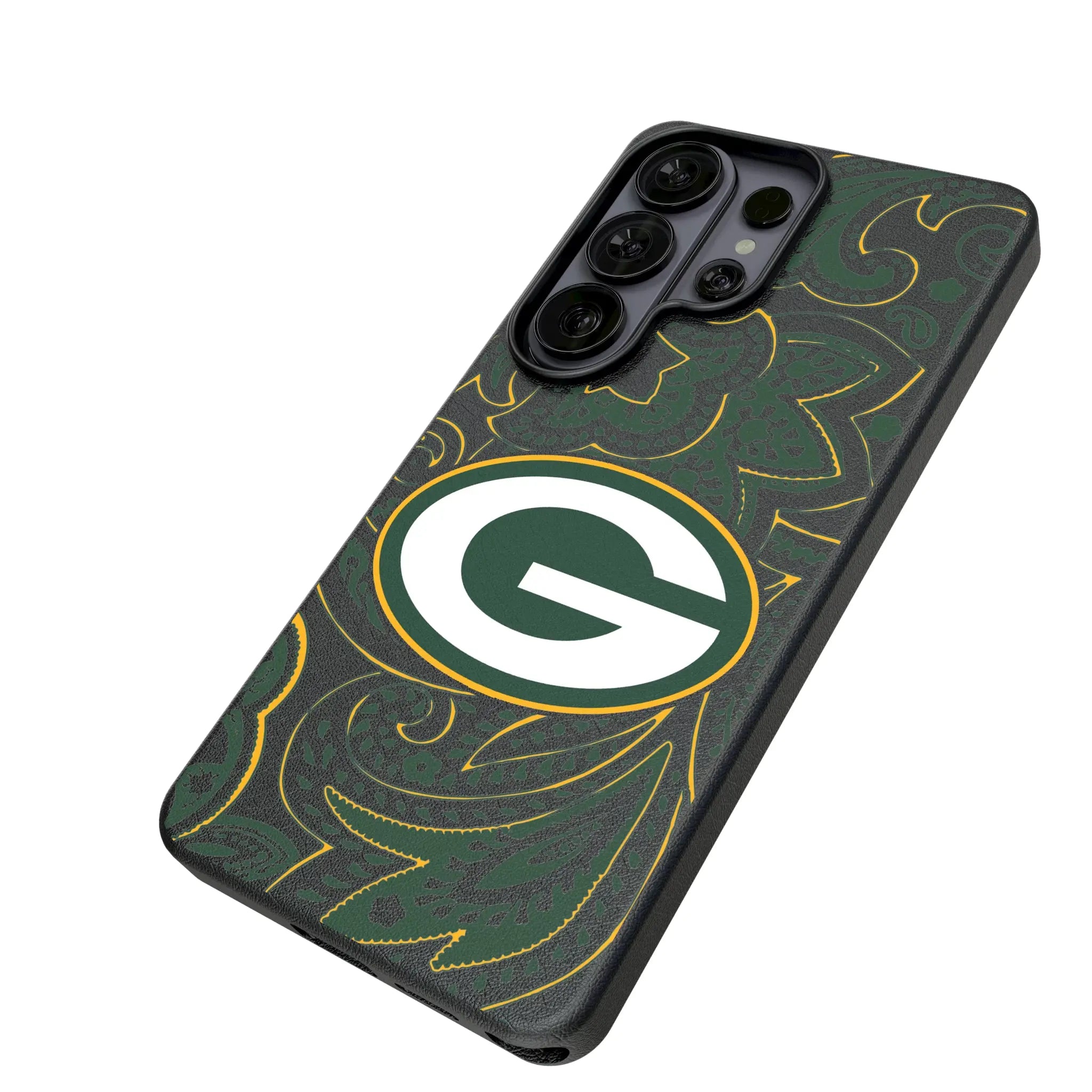 Green Bay Packers Paisley Galaxy MagSafe Compatible Phone Case for Samsung Galaxy - Isometric View#Device_Galaxy S26 Ultra