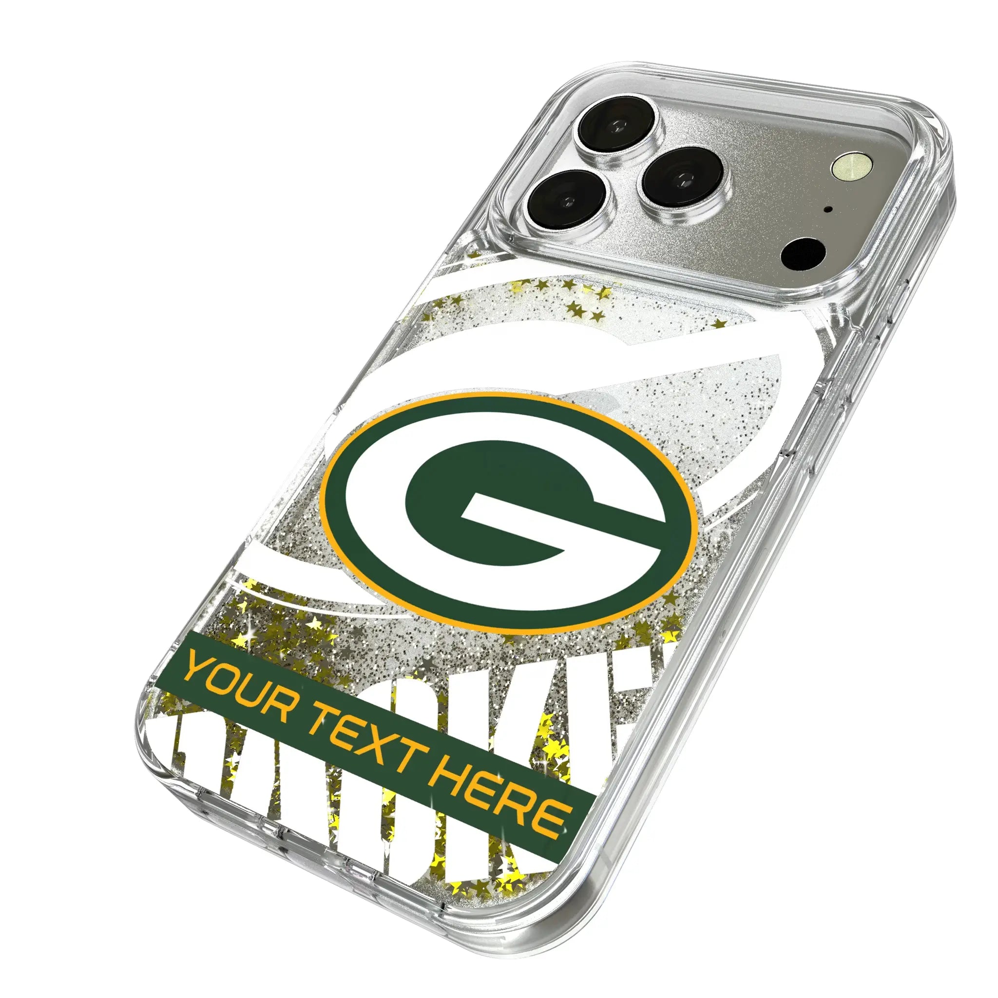Green Bay Packers Personalized Tilt iPhone Glitter Phone Case for Apple iPhone - Isometric View