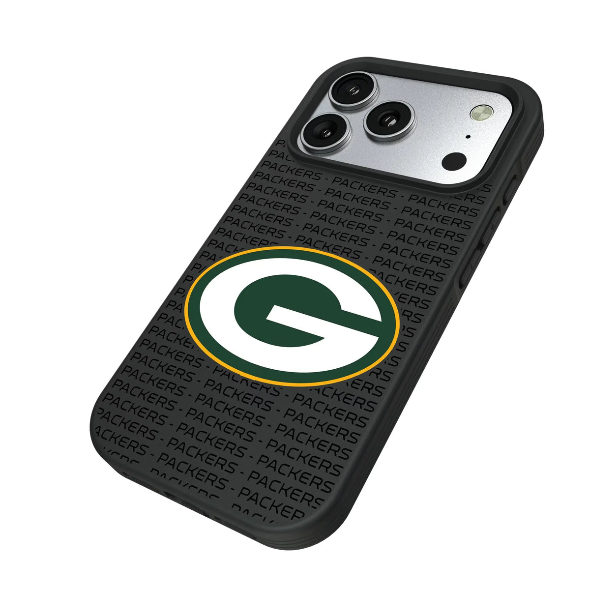 Green Bay Packers Text Backdrop iPhone Bump Phone Case for Apple iPhone - Isometric View#Device_iPhone 17 Pro