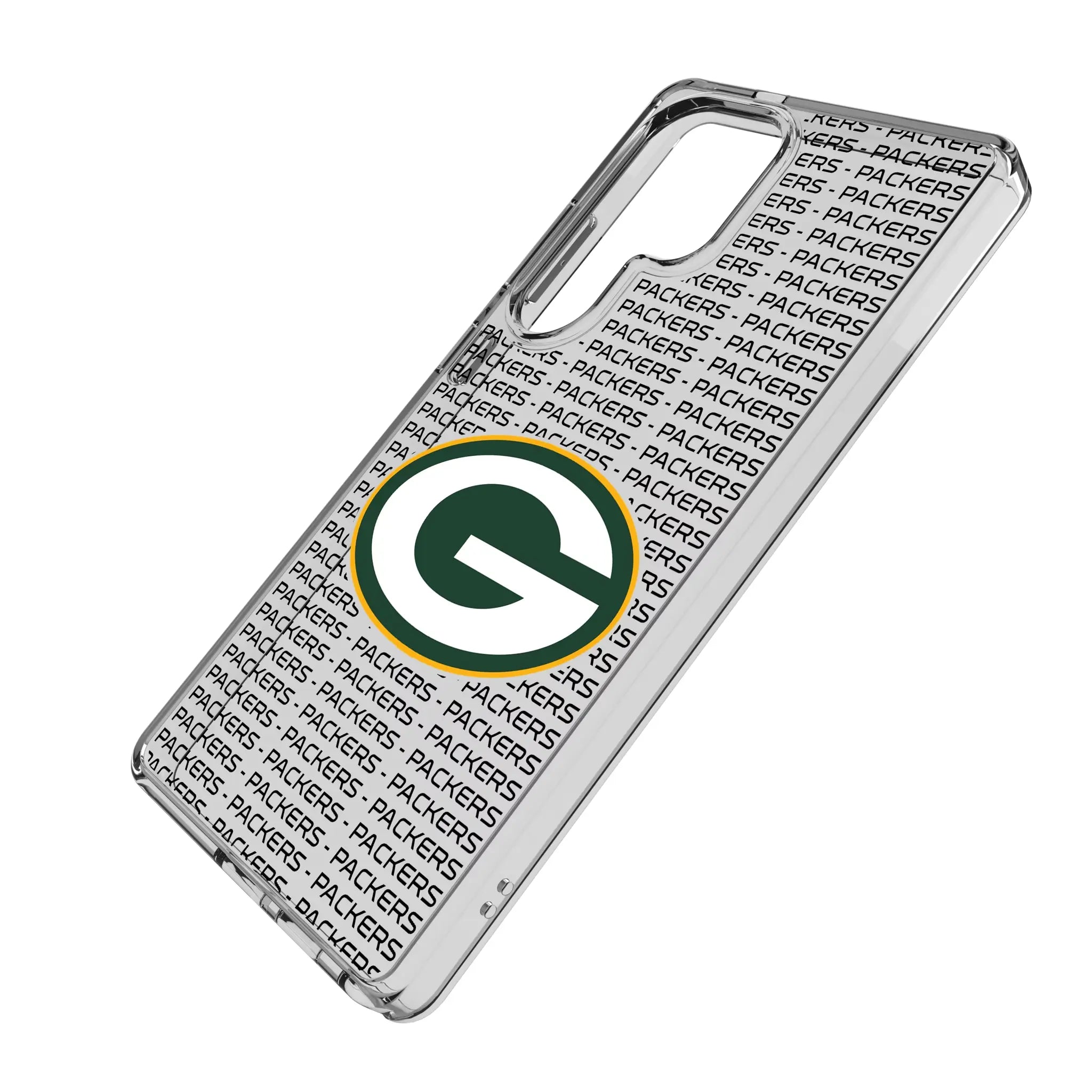 Green Bay Packers Text Backdrop Galaxy Clear Phone Case for Samsung Galaxy - Isometric View#Device_Galaxy S25 Ultra