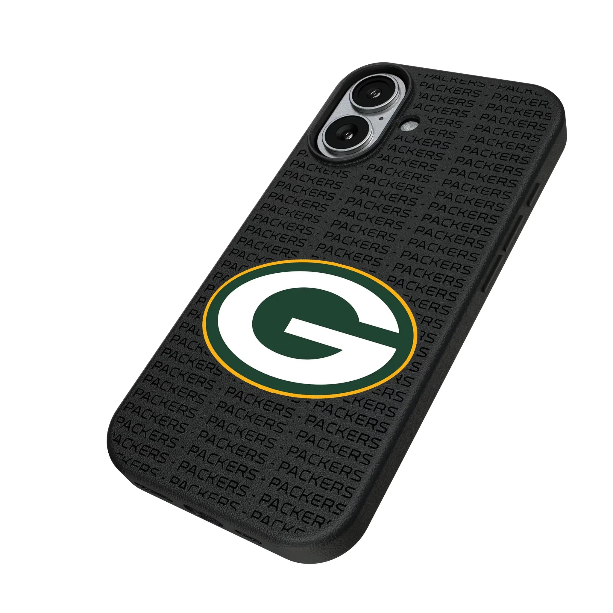 Green Bay Packers Text Backdrop iPhone MagSafe Compatible Phone Case for Apple iPhone - Isometric View#Device_iPhone 17