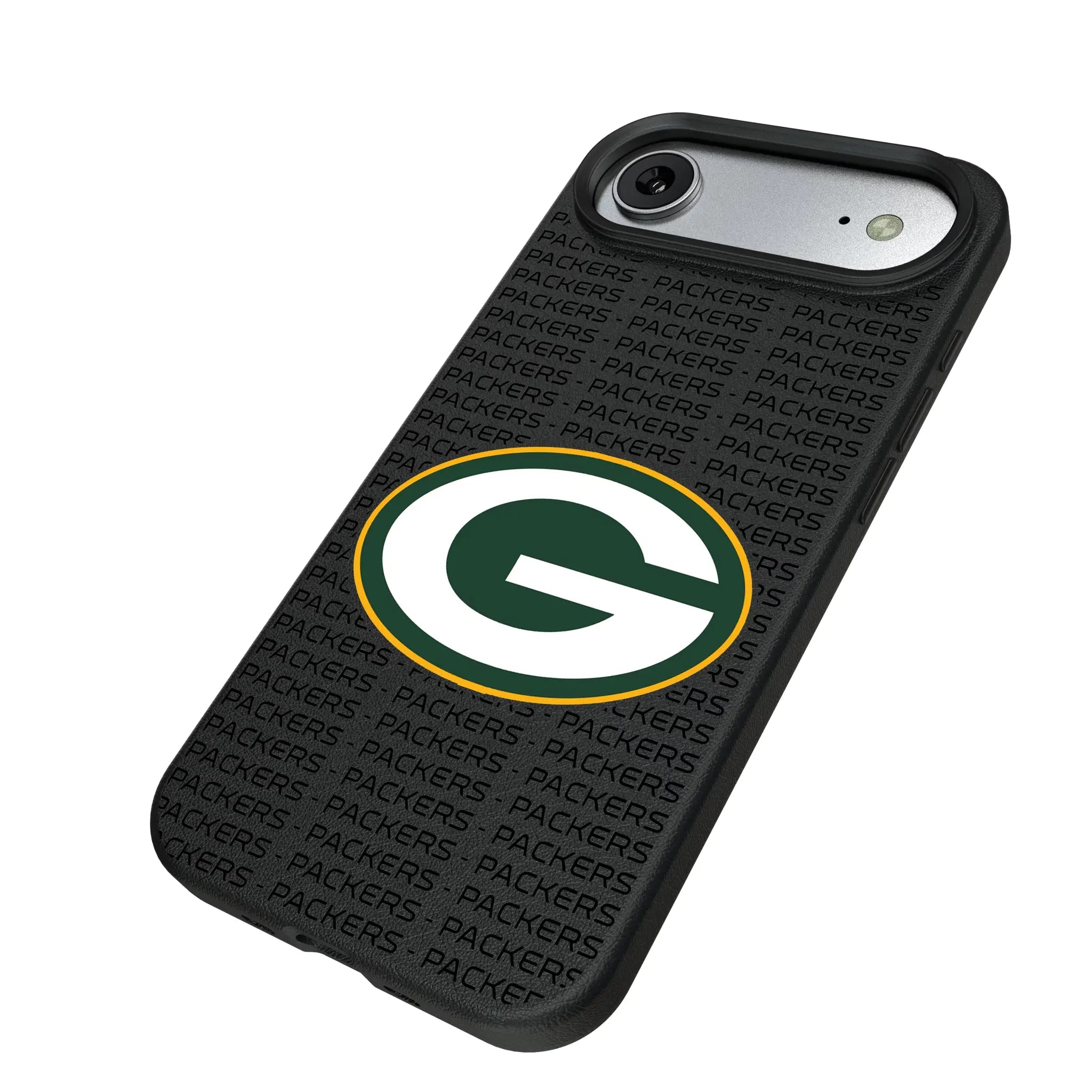 Green Bay Packers Text Backdrop iPhone MagSafe Compatible Phone Case for Apple iPhone - Isometric View#Device_iPhone Air