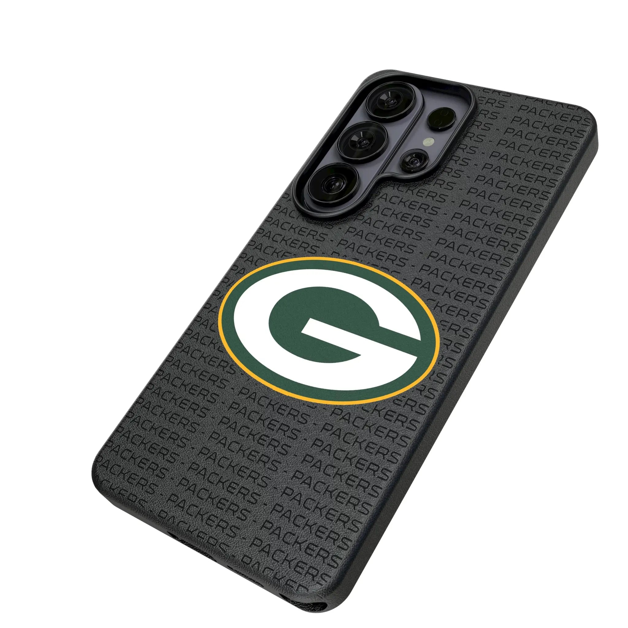 Green Bay Packers Text Backdrop Galaxy MagSafe Compatible Phone Case for Samsung Galaxy - Isometric View#Device_Galaxy S26 Ultra