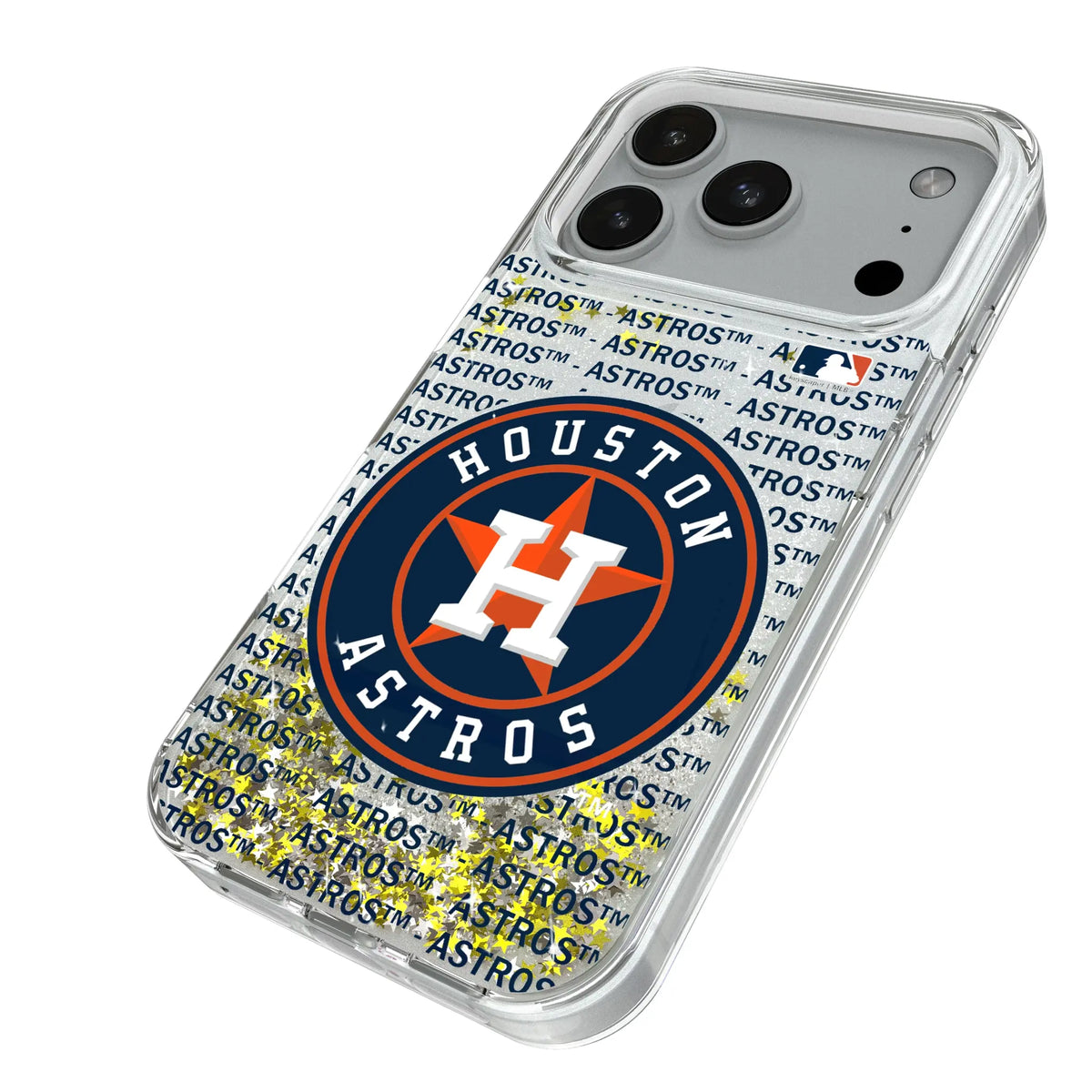Houston Astros Text Backdrop iPhone Glitter Phone Case for Apple iPhone - Isometric View#Device_iPhone 18 Pro