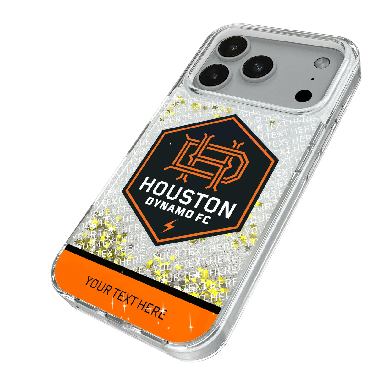 Houston Dynamo Personalized EndZone Plus iPhone Glitter Phone Case for Apple iPhone - Isometric View#Device_iPhone 18 Pro