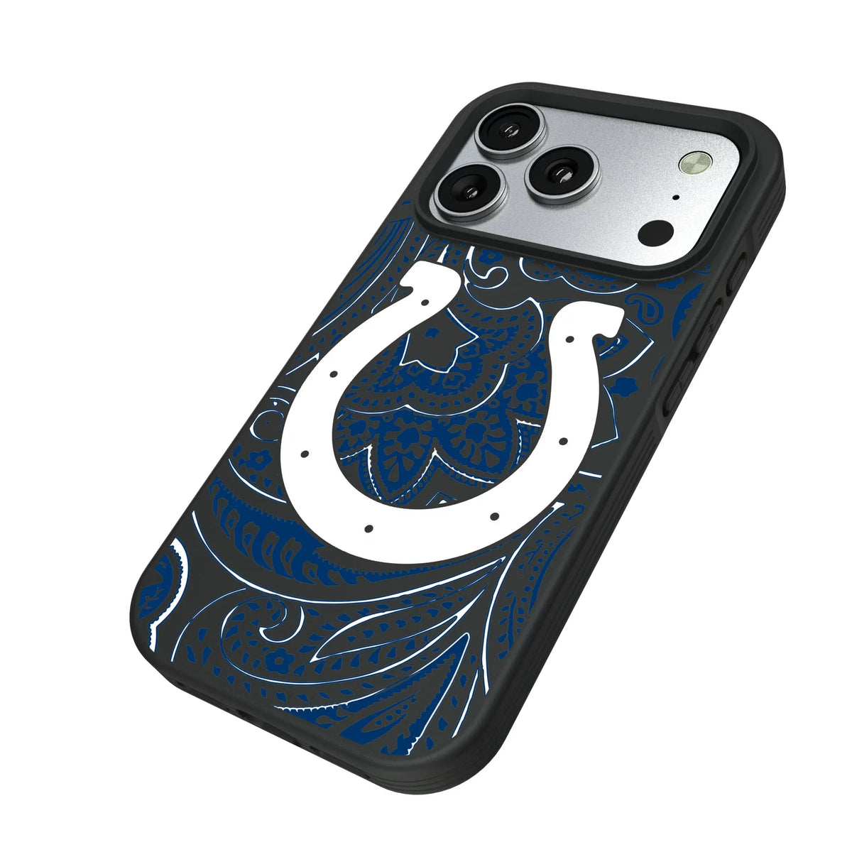 Indianapolis Colts Paisley iPhone Bump Phone Case for Apple iPhone - Isometric View#Device_iPhone 17 Pro