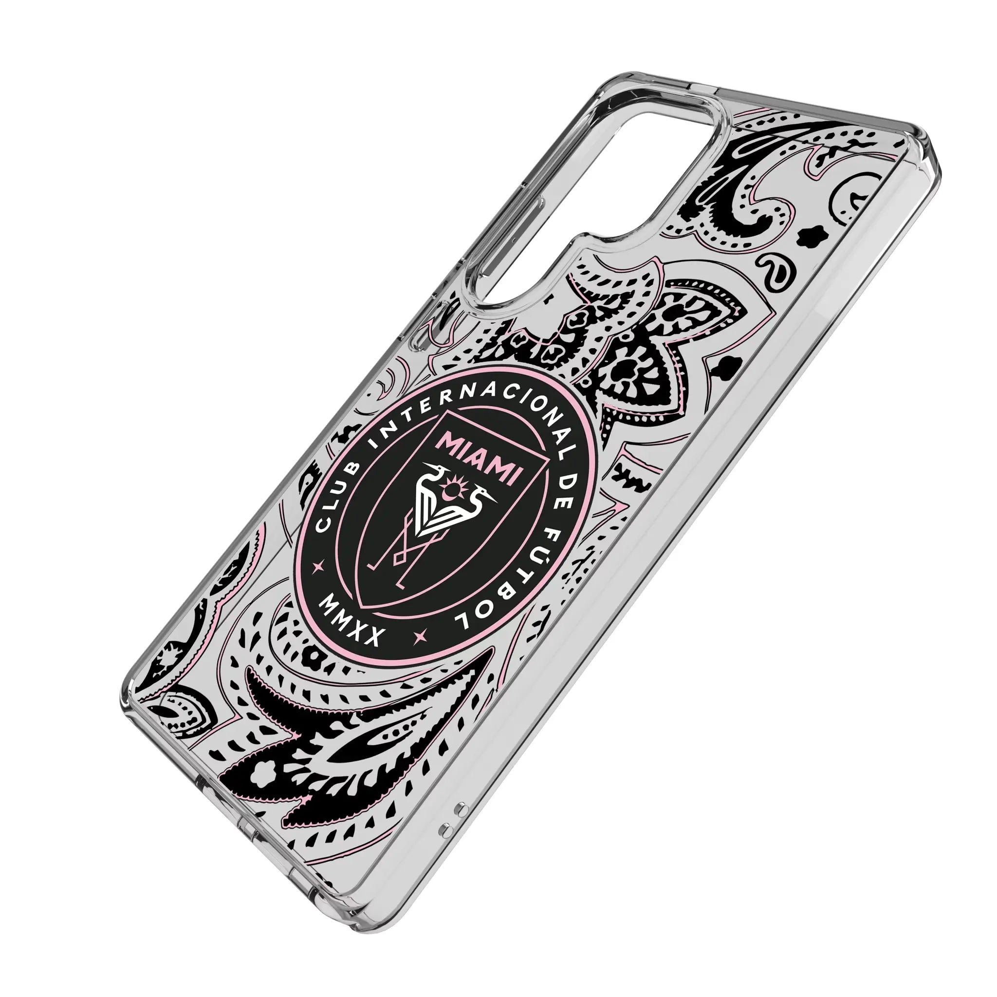 Inter Miami CF Paisley Galaxy Clear Phone Case for Samsung Galaxy - Isometric View#Device_Galaxy S25 Ultra