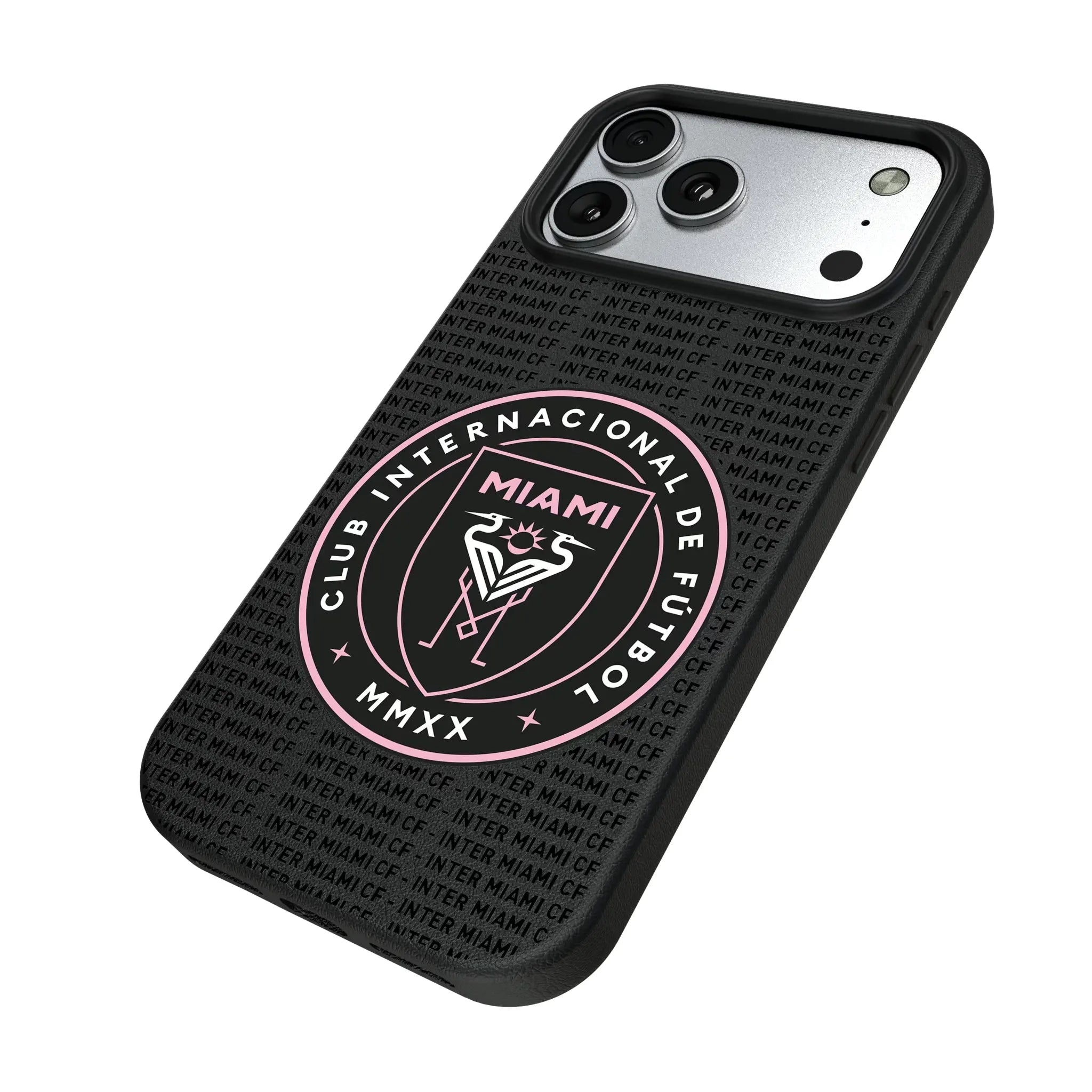 Inter Miami CF Text Backdrop iPhone MagSafe Compatible Phone Case for Apple iPhone - Isometric View#Device_iPhone 17 Pro Max