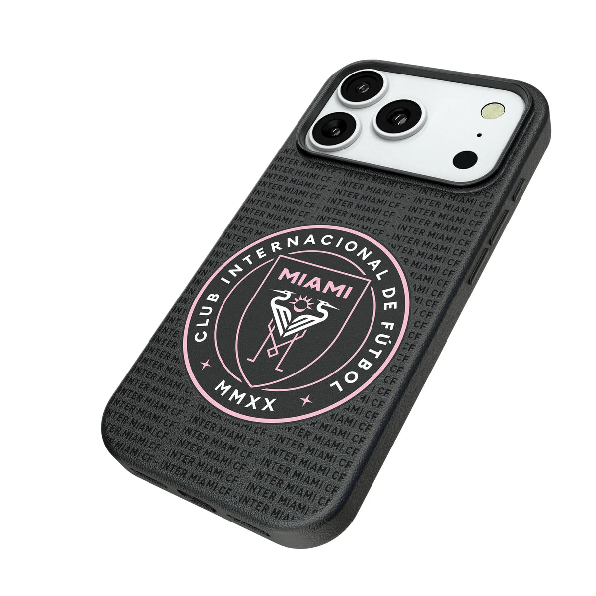 Inter Miami CF Text Backdrop iPhone MagSafe Compatible Phone Case for Apple iPhone - Isometric View#Device_iPhone 18 Pro