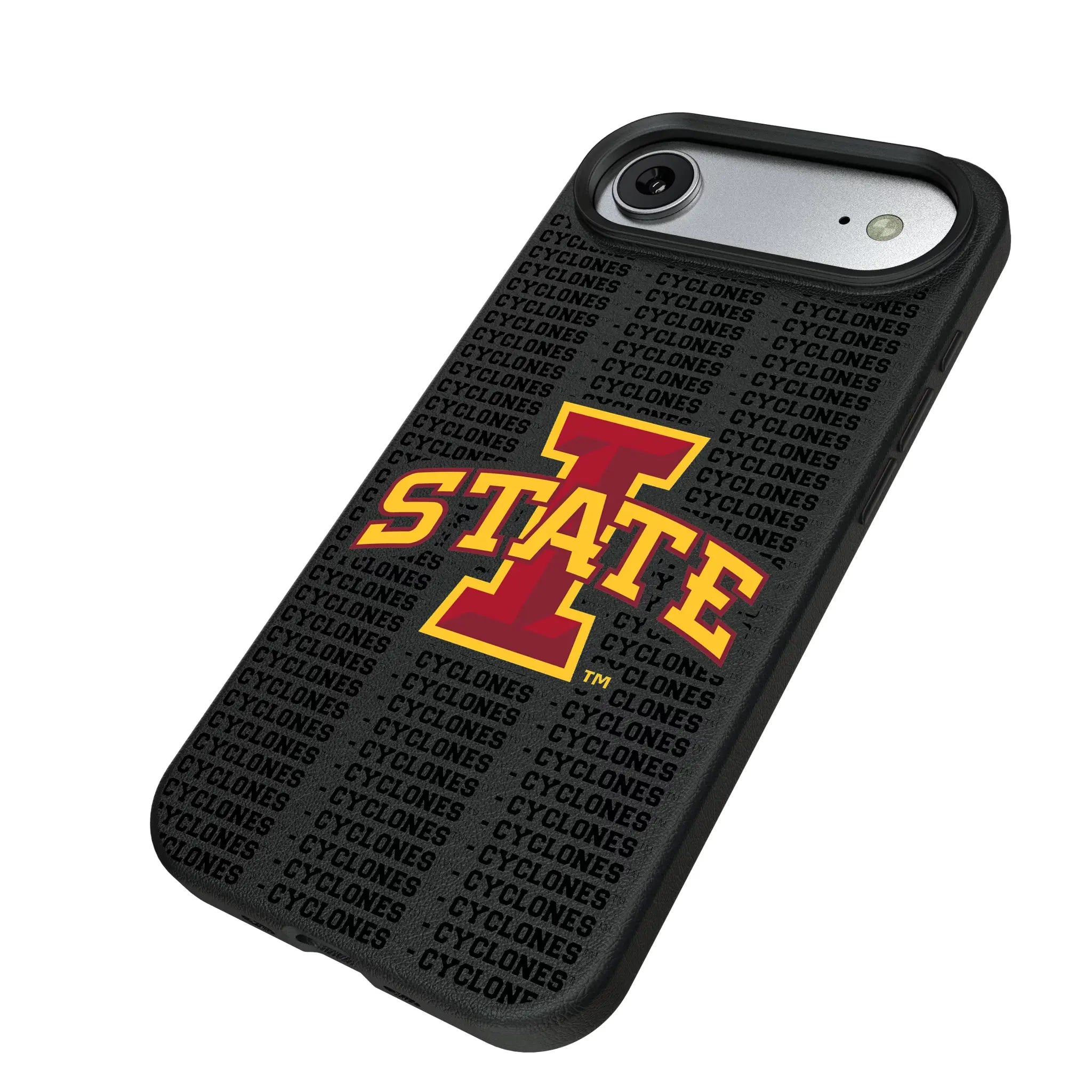Iowa State University Cyclones Text Backdrop iPhone MagSafe Compatible Phone Case for Apple iPhone - Isometric View#Device_iPhone Air