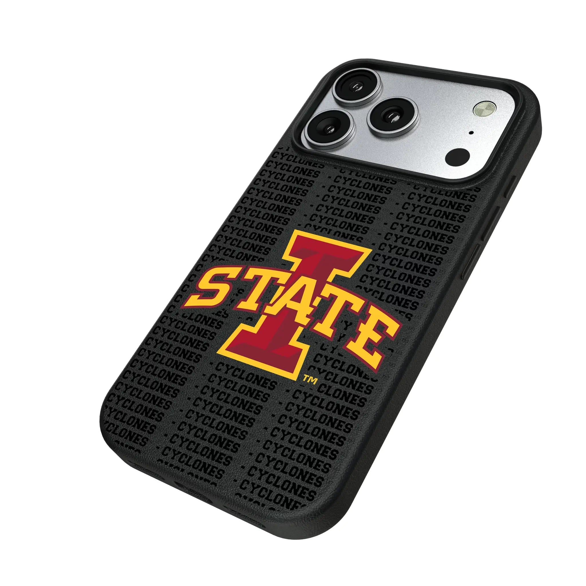 Iowa State University Cyclones Text Backdrop iPhone MagSafe Compatible Phone Case for Apple iPhone - Isometric View#Device_iPhone 17 Pro