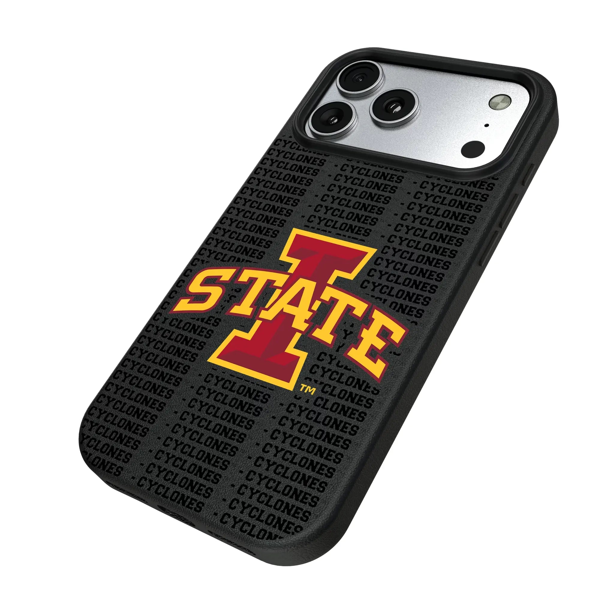 Iowa State University Cyclones Text Backdrop iPhone MagSafe Compatible Phone Case for Apple iPhone - Isometric View#Device_iPhone 17 Pro Max