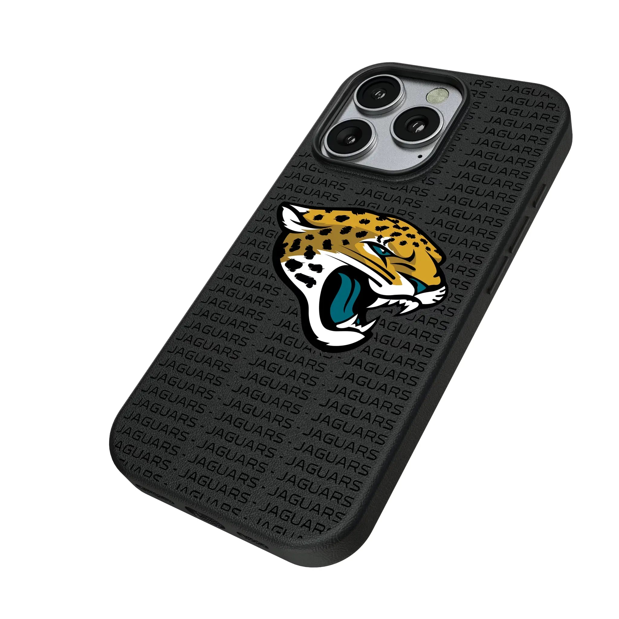 Jacksonville Jaguars Text Backdrop iPhone MagSafe Compatible Phone Case for Apple iPhone - Isometric View