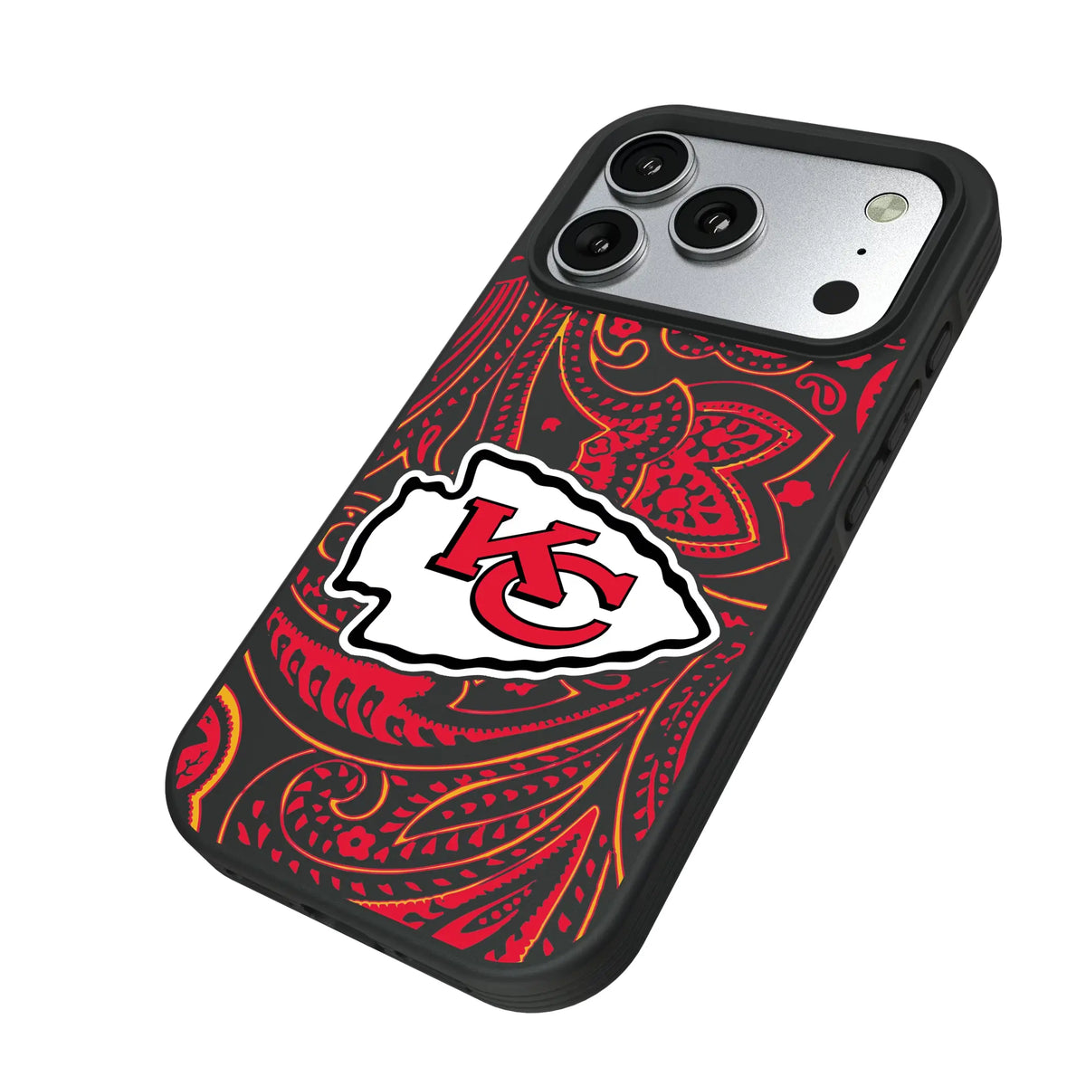 Kansas City Chiefs Paisley iPhone Bump Phone Case for Apple iPhone - Isometric View#Device_iPhone 17 Pro