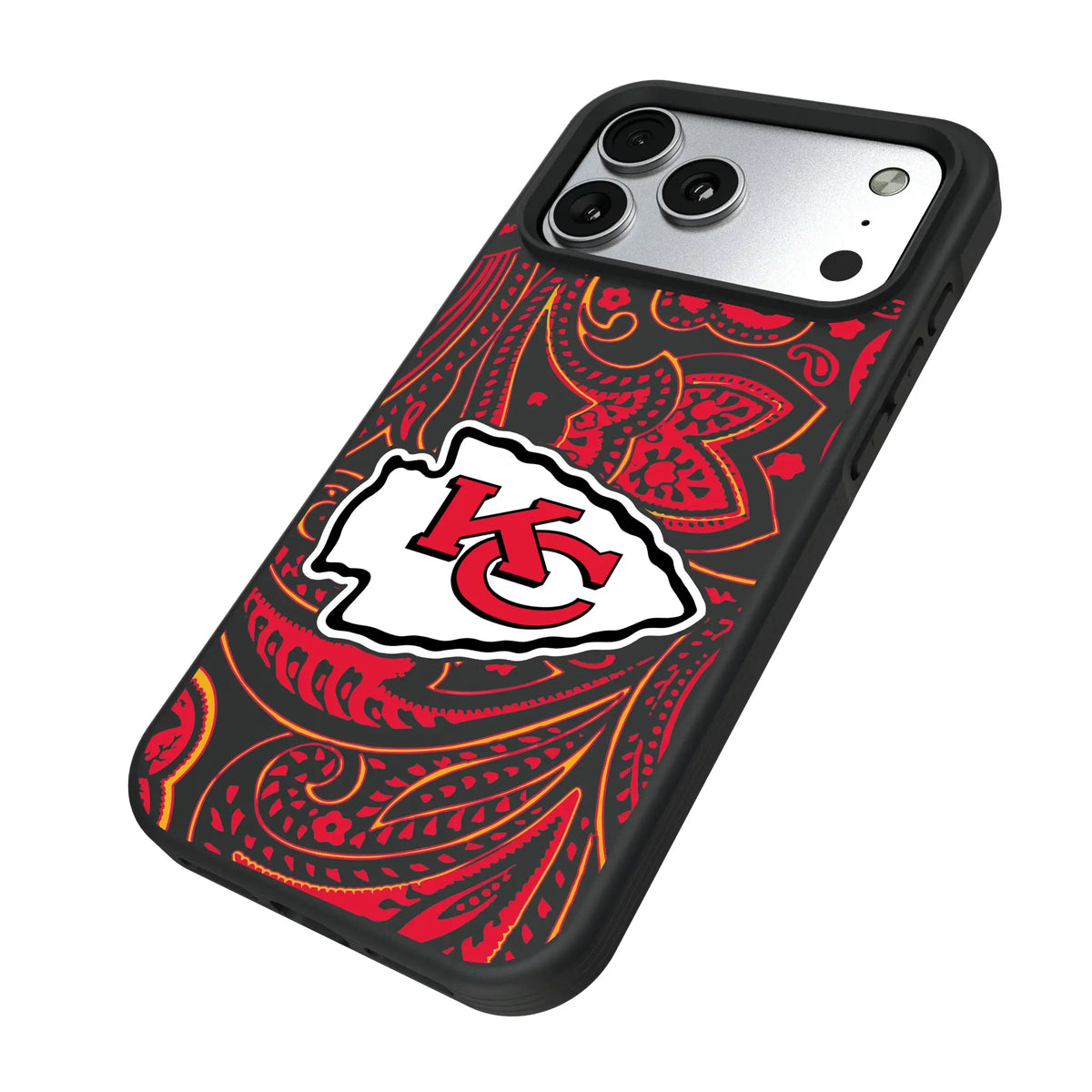 Kansas City Chiefs Paisley iPhone Bump Phone Case for Apple iPhone - Isometric View#Device_iPhone 17 Pro Max