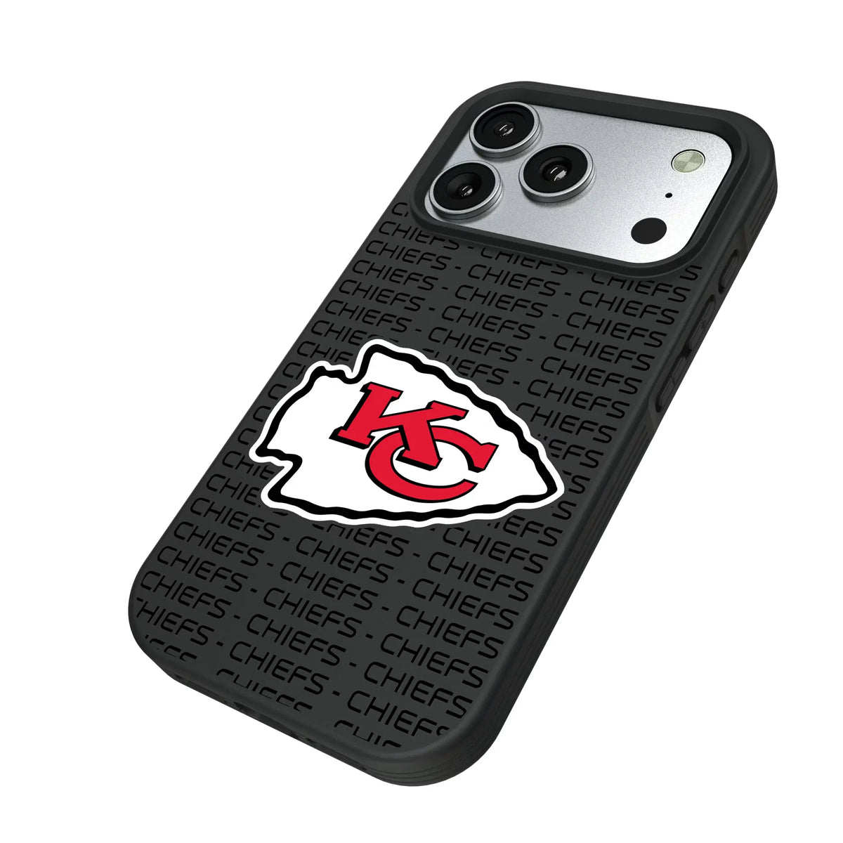 Kansas City Chiefs Text Backdrop iPhone Bump Phone Case for Apple iPhone - Isometric View#Device_iPhone 17 Pro