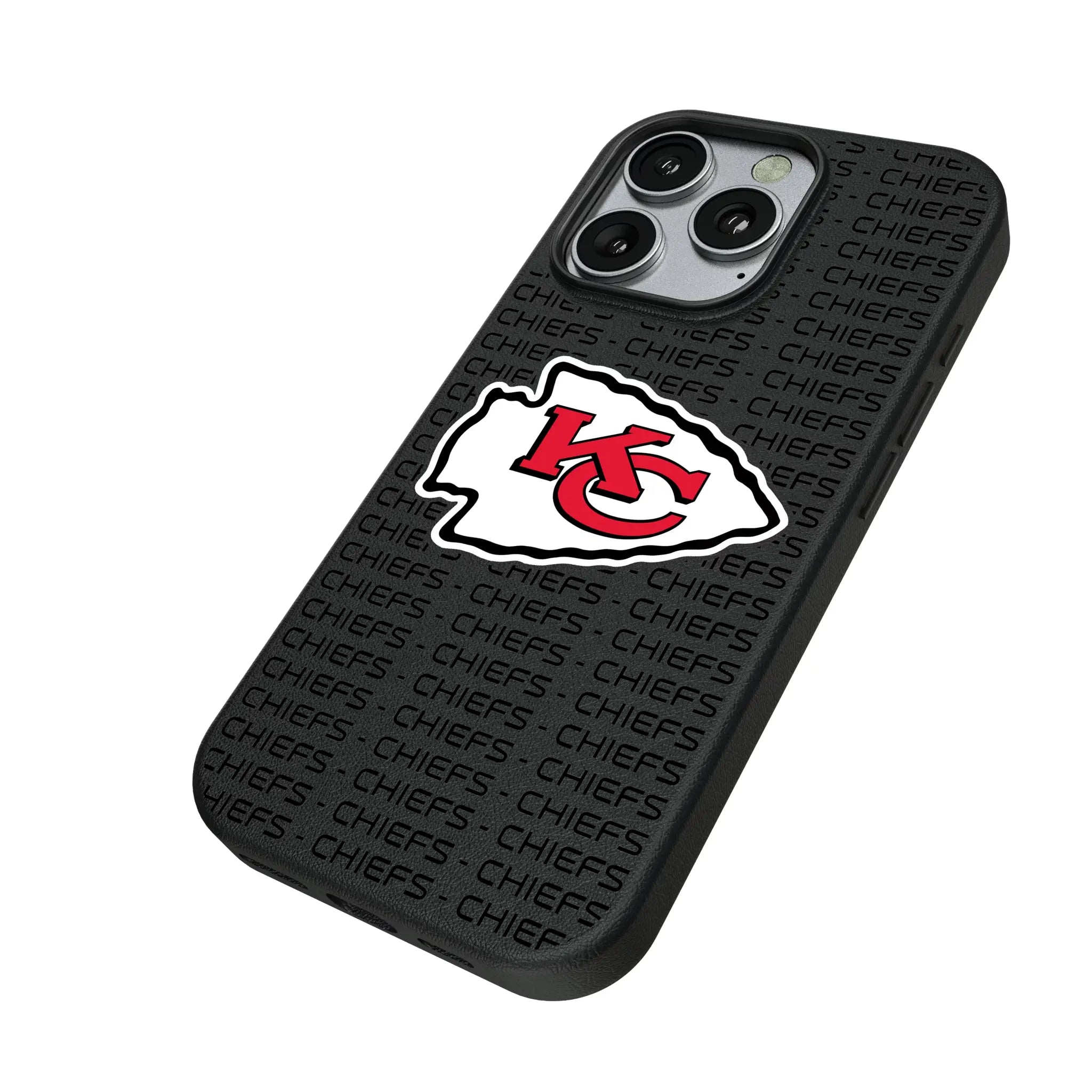 Kansas City Chiefs Text Backdrop iPhone MagSafe Compatible Phone Case for Apple iPhone - Isometric View