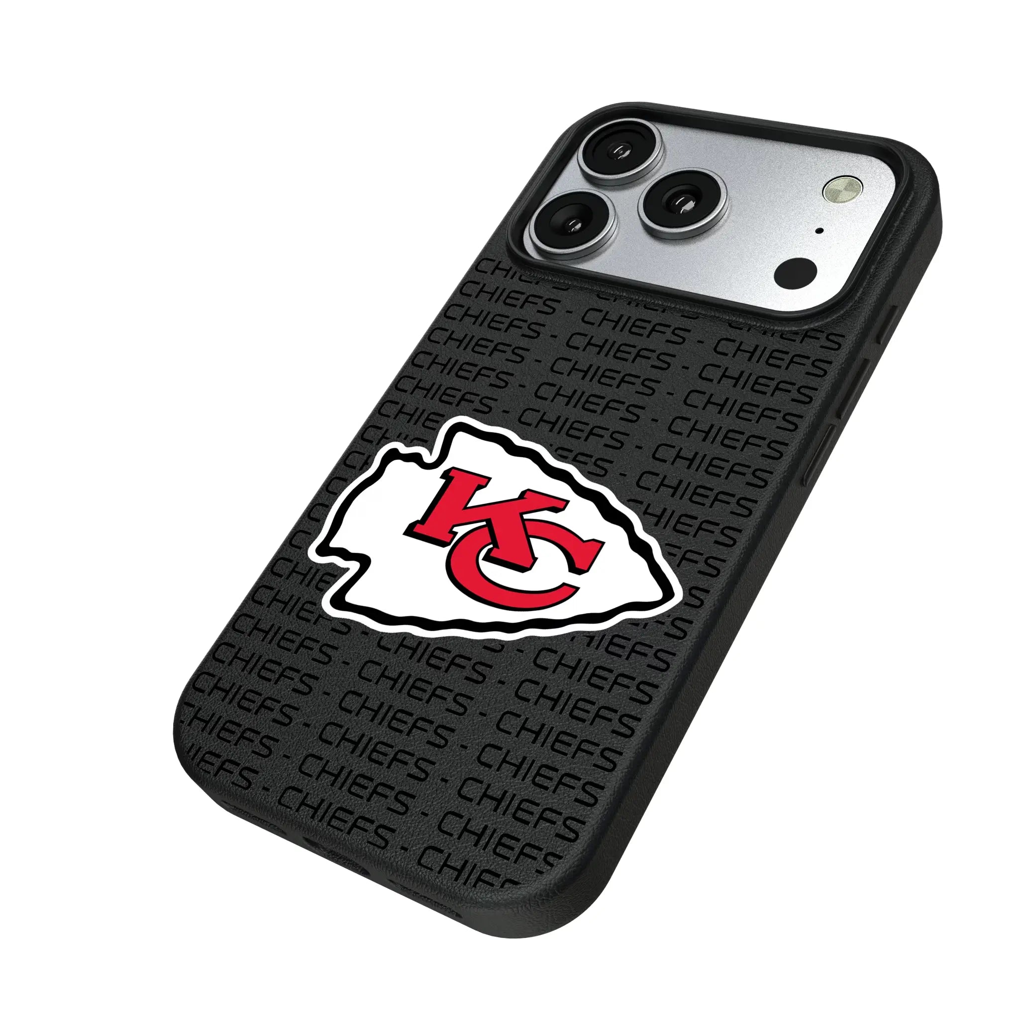 Kansas City Chiefs Text Backdrop iPhone MagSafe Compatible Phone Case for Apple iPhone - Isometric View#Device_iPhone 17 Pro