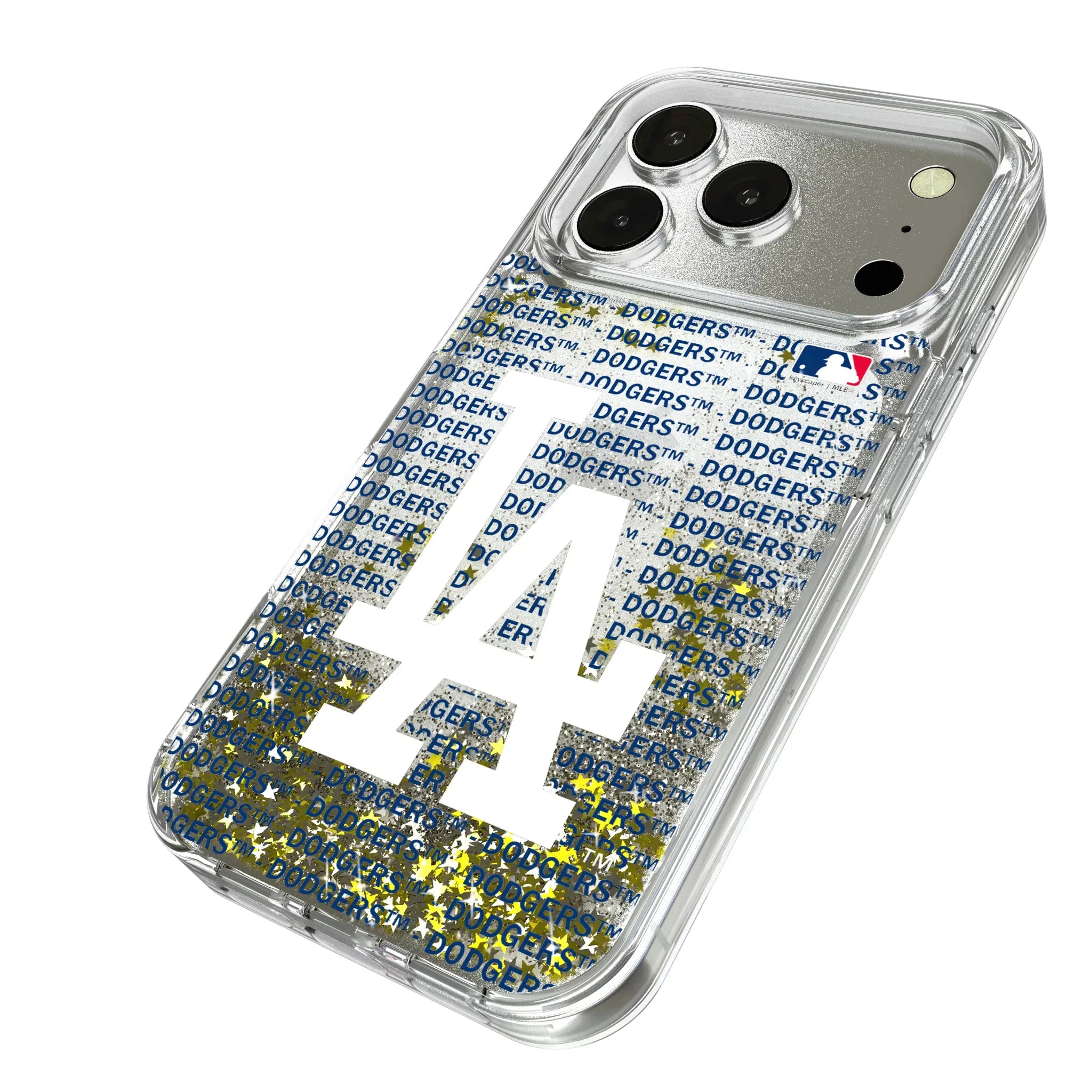 LA Dodgers Text Backdrop iPhone Glitter Phone Case for Apple iPhone - Isometric View