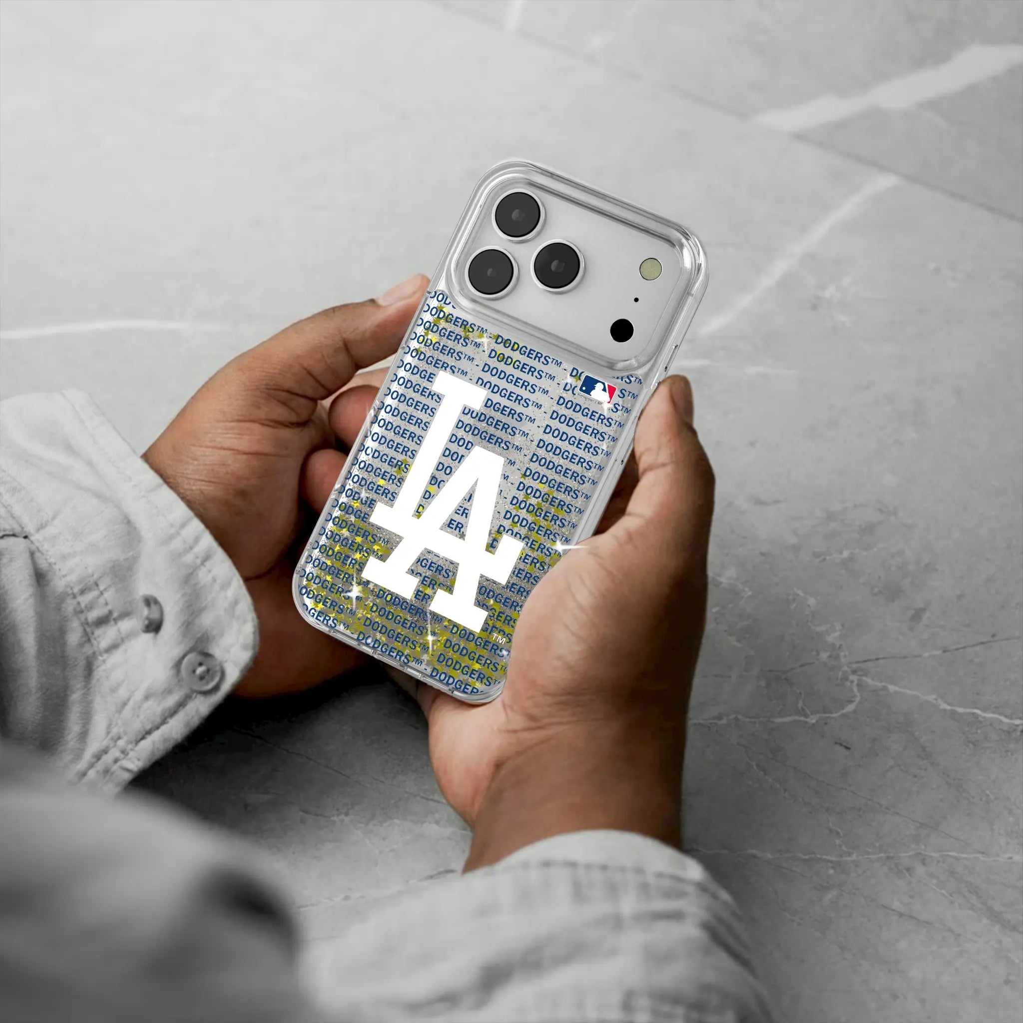 LA Dodgers Text Backdrop iPhone Glitter Phone Case for Apple iPhone - Lifestyle