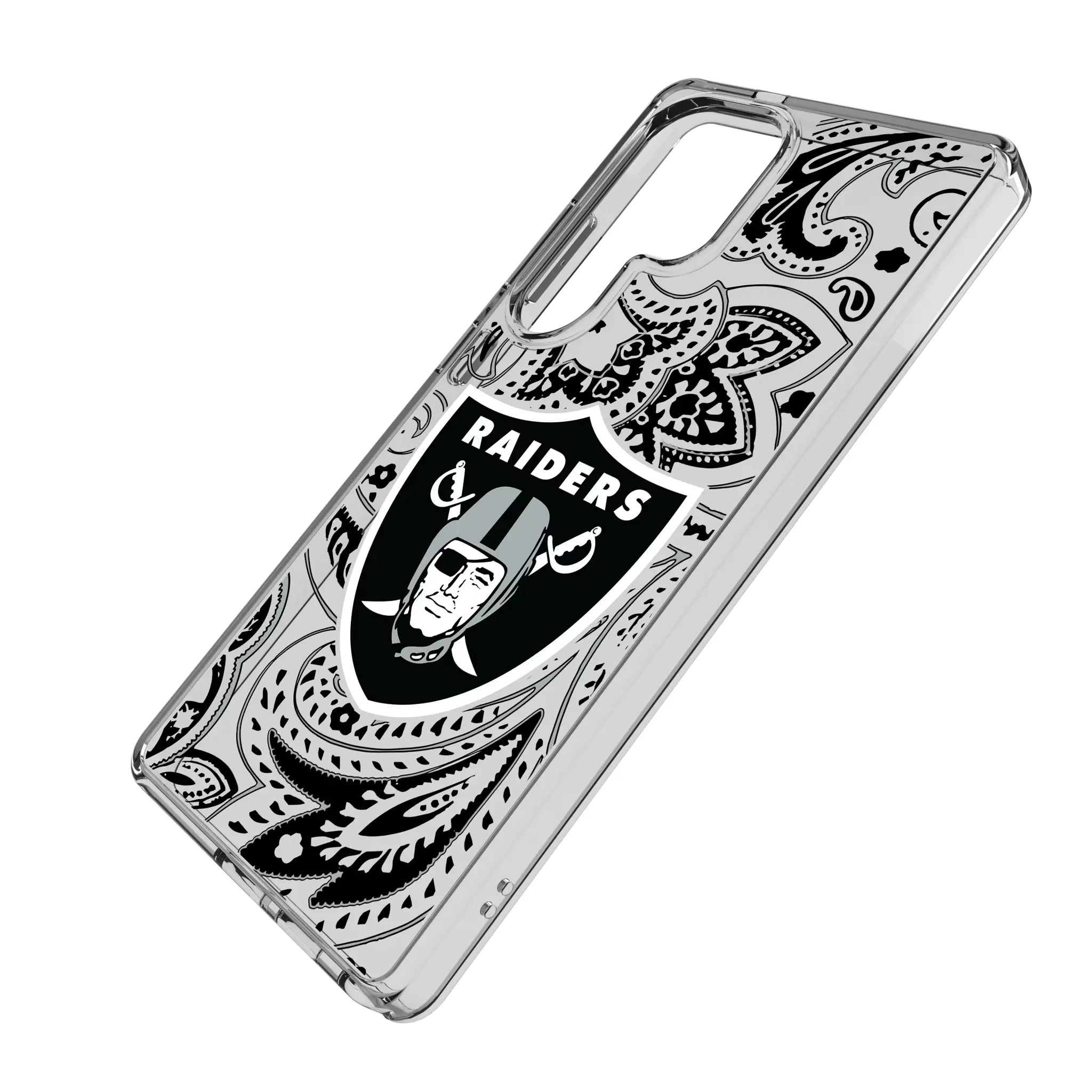 Las Vegas Raiders Paisley Galaxy Clear Phone Case for Samsung Galaxy - Isometric View#Device_Galaxy S25 Ultra