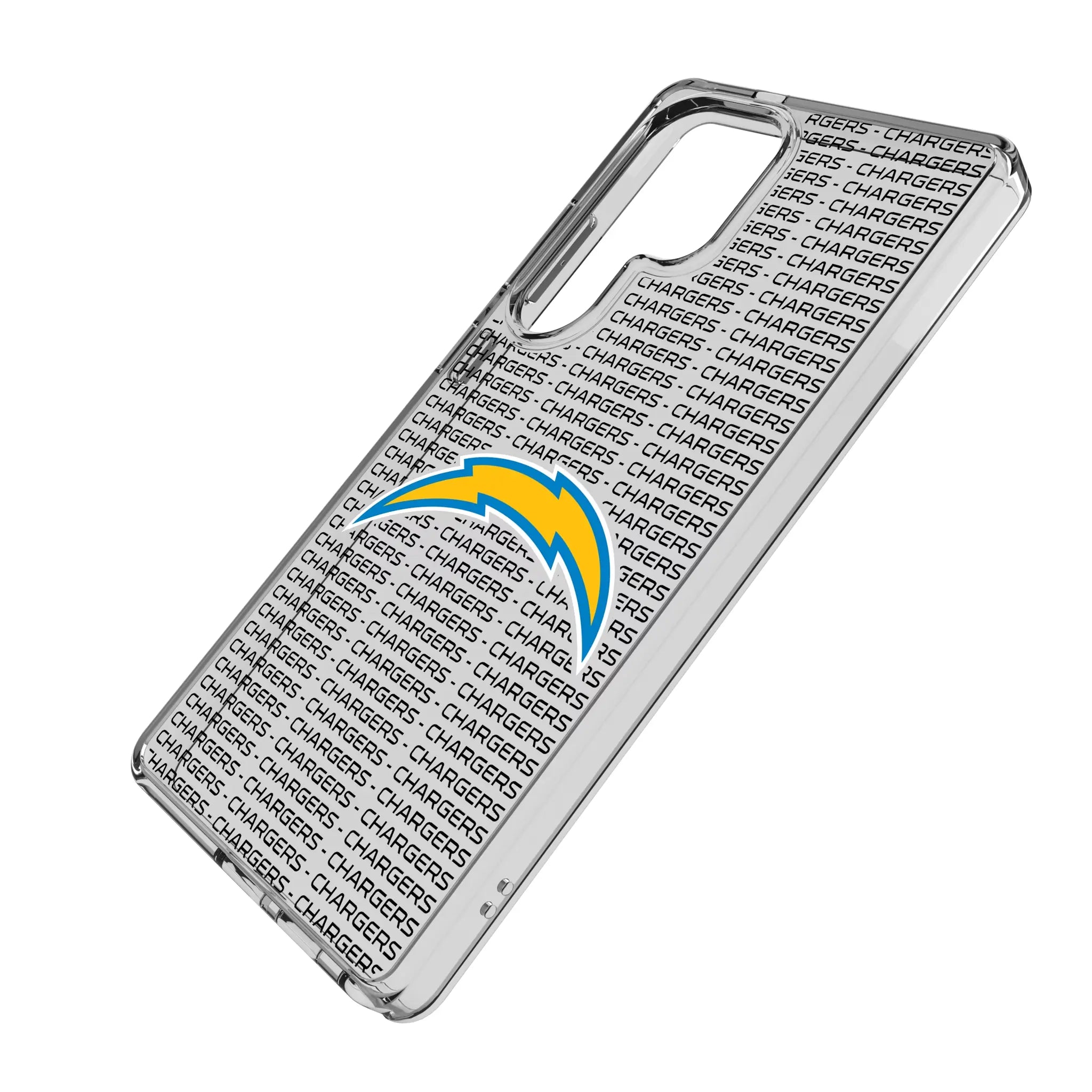 Los Angeles Chargers Text Backdrop Galaxy Clear Phone Case for Samsung Galaxy - Isometric View#Device_Galaxy S25 Ultra