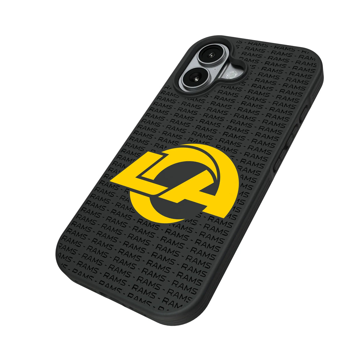 Los Angeles Rams Text Backdrop iPhone Bump Phone Case for Apple iPhone - Isometric View#Device_iPhone 17