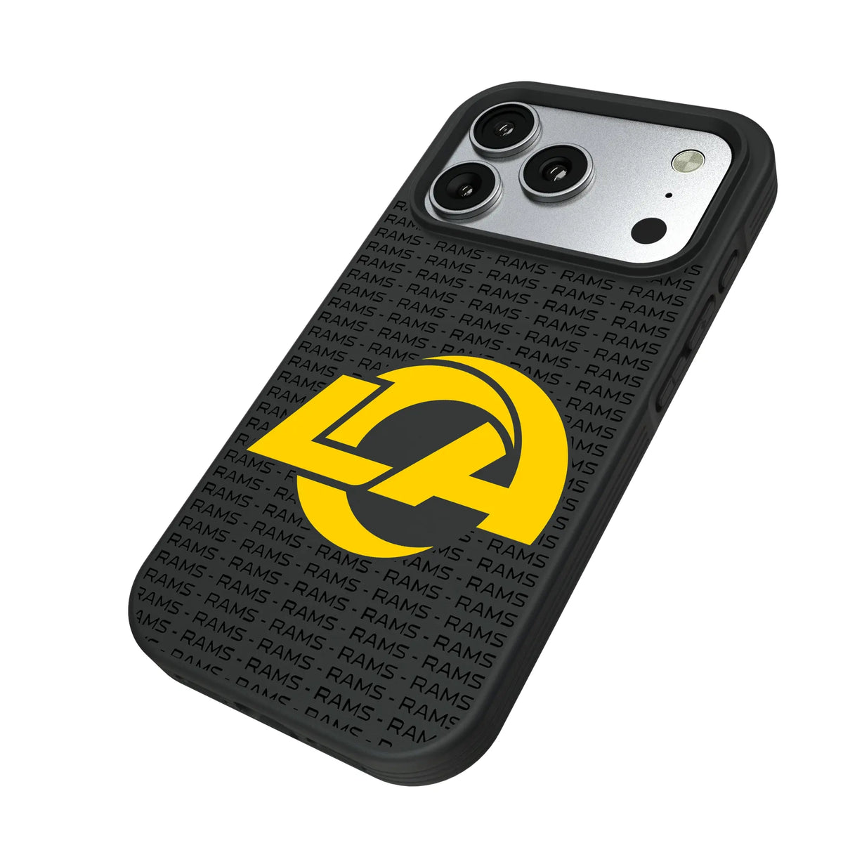 Los Angeles Rams Text Backdrop iPhone Bump Phone Case for Apple iPhone - Isometric View#Device_iPhone 17 Pro