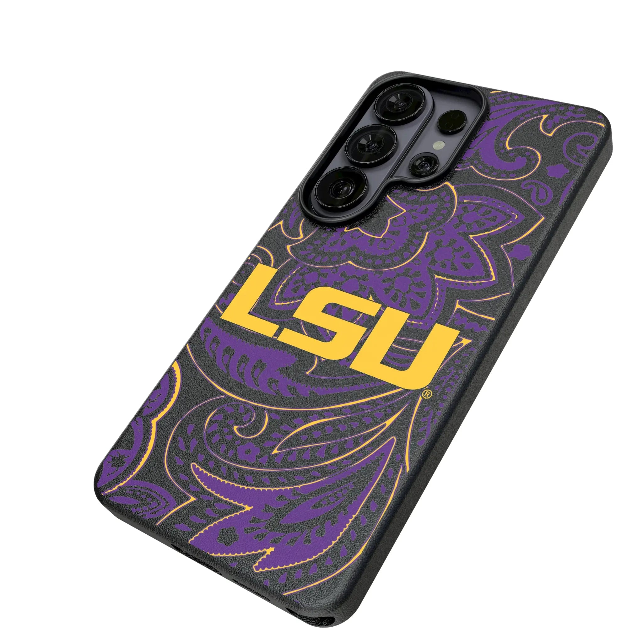Louisiana State University Tigers Paisley Galaxy MagSafe Compatible Phone Case for Samsung Galaxy - Isometric View#Device_Galaxy S26 Ultra