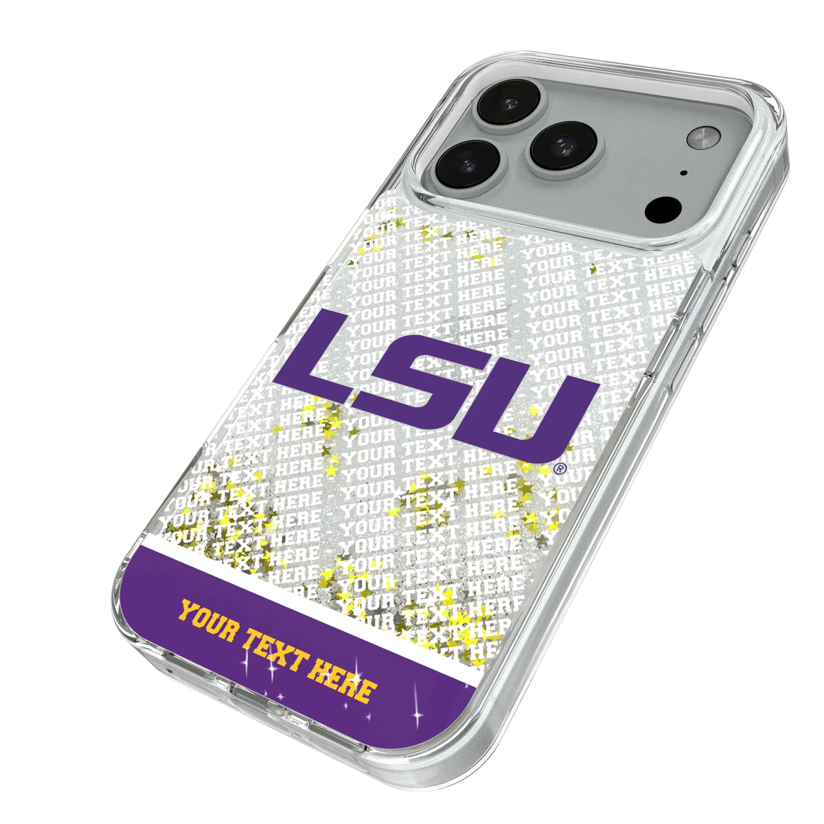 Louisiana State University Tigers Personalized EndZone Plus iPhone Glitter Phone Case for Apple iPhone - Isometric View#Device_iPhone 18 Pro