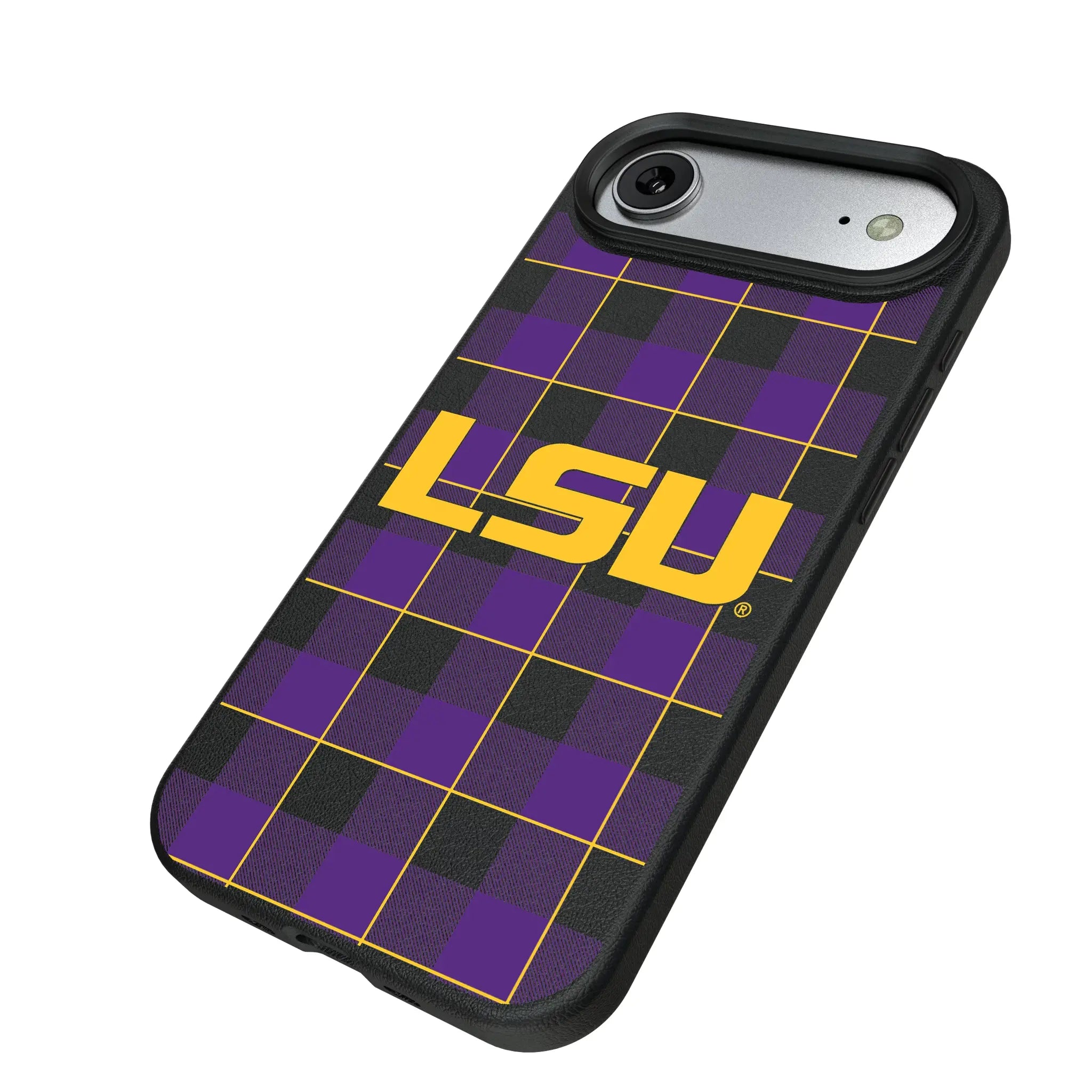 Louisiana State University Tigers Plaid iPhone MagSafe Compatible Phone Case for Apple iPhone - Isometric View#Device_iPhone Air