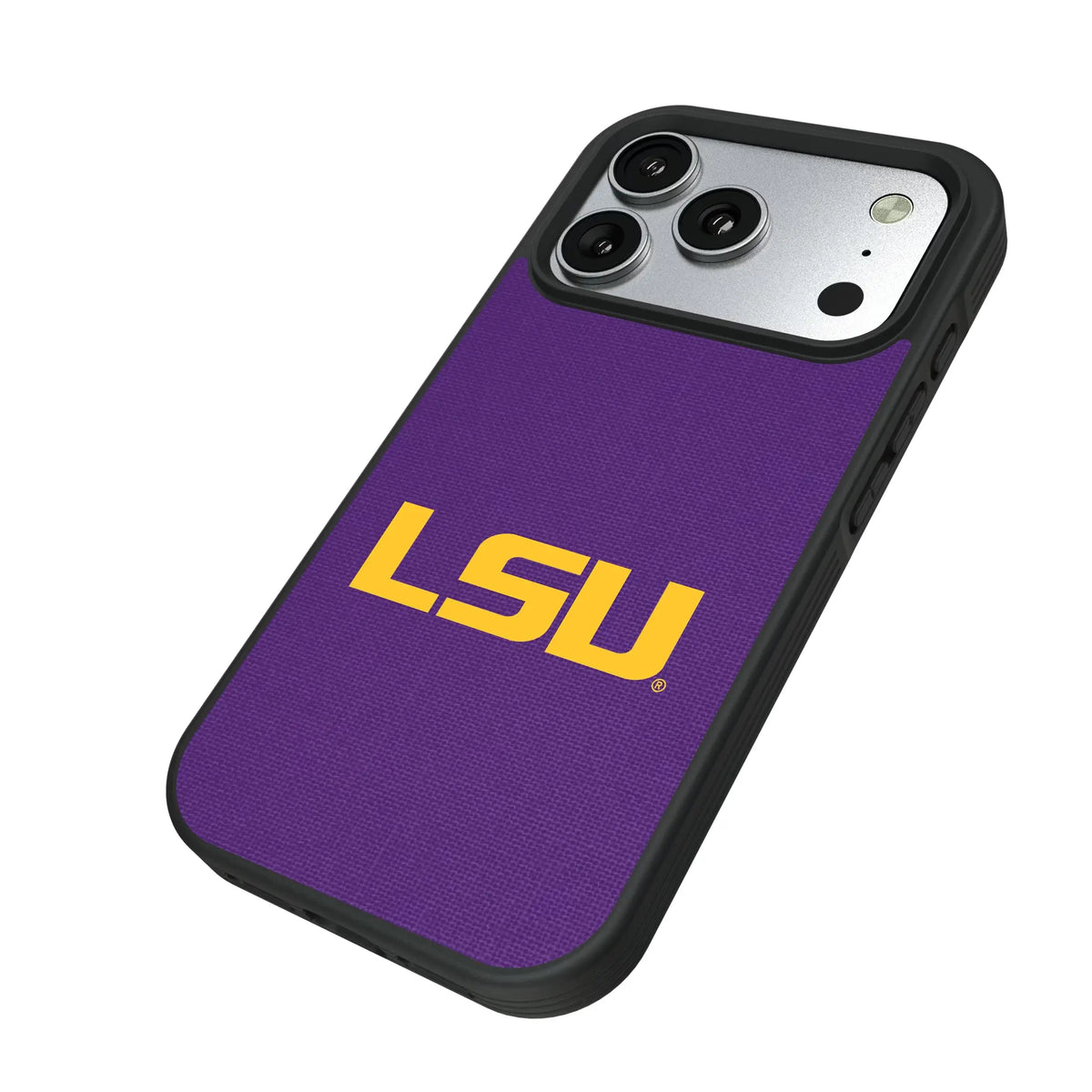 Louisiana State University Tigers Solid iPhone Bump Phone Case for Apple iPhone - Isometric View#Device_iPhone 17 Pro