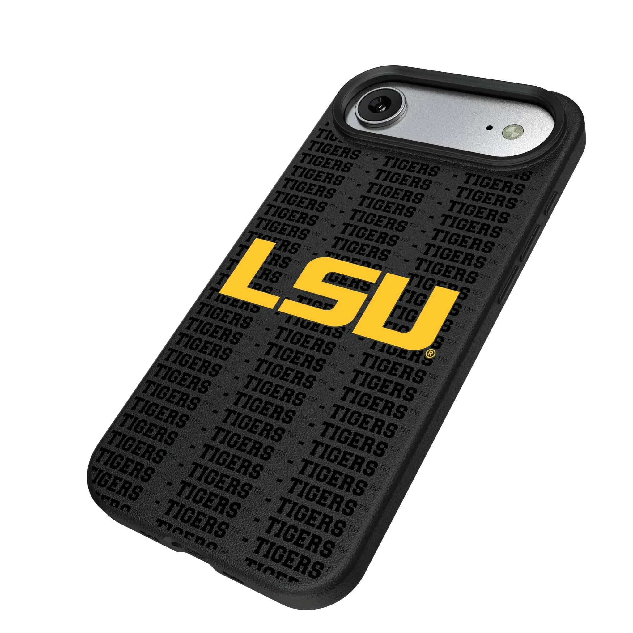 Louisiana State University Tigers Text Backdrop iPhone MagSafe Compatible Phone Case for Apple iPhone - Isometric View#Device_iPhone Air