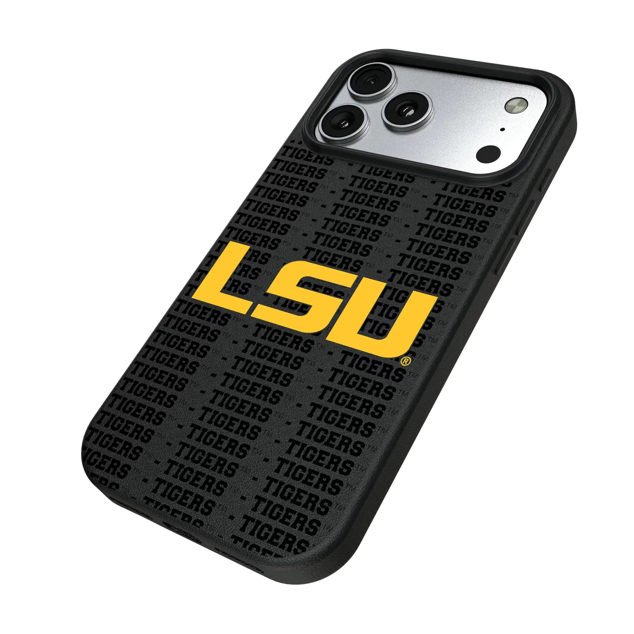 Louisiana State University Tigers Text Backdrop iPhone MagSafe Compatible Phone Case for Apple iPhone - Isometric View#Device_iPhone 17 Pro Max