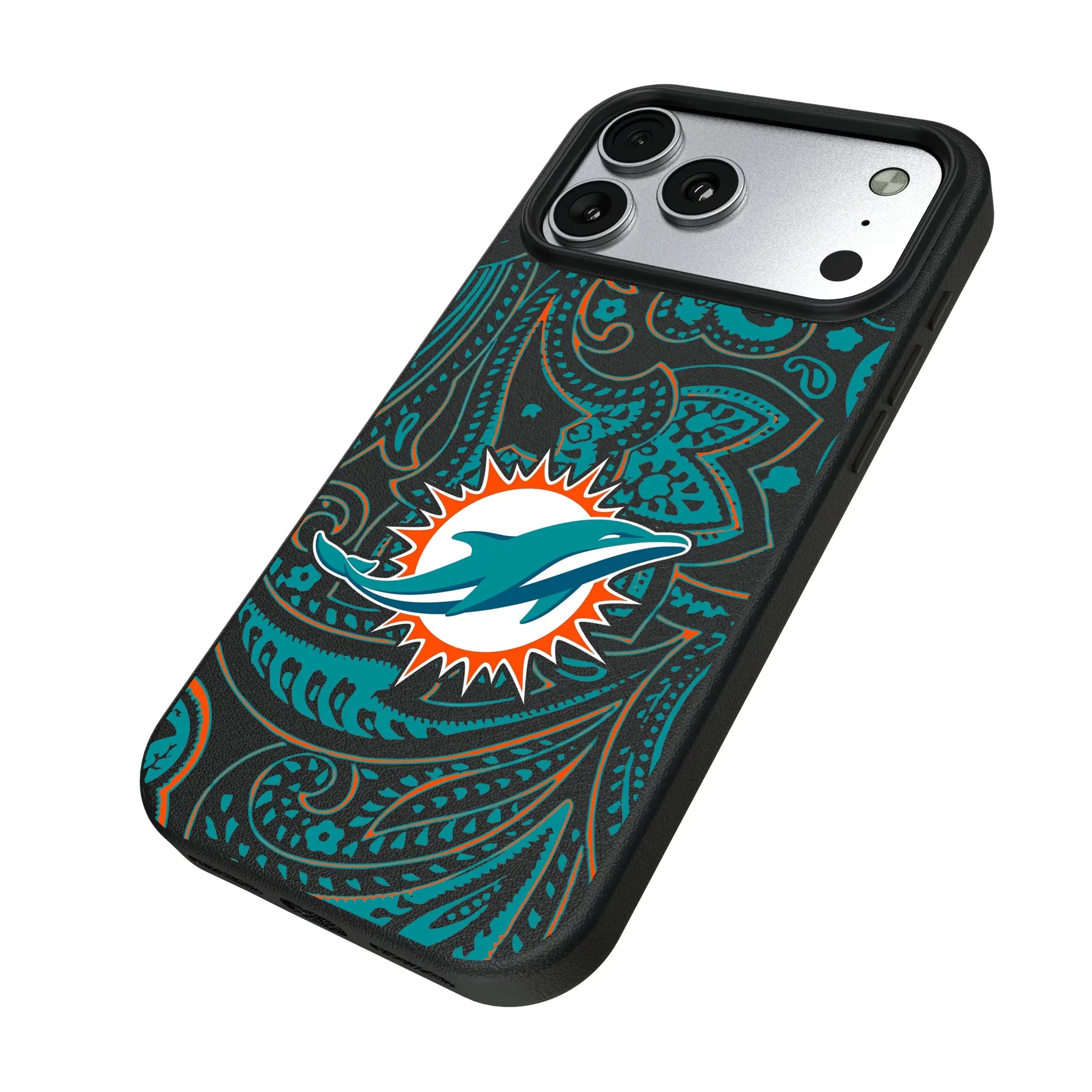 Miami Dolphins Paisley iPhone MagSafe Compatible Phone Case for Apple iPhone - Isometric View#Device_iPhone 17 Pro Max