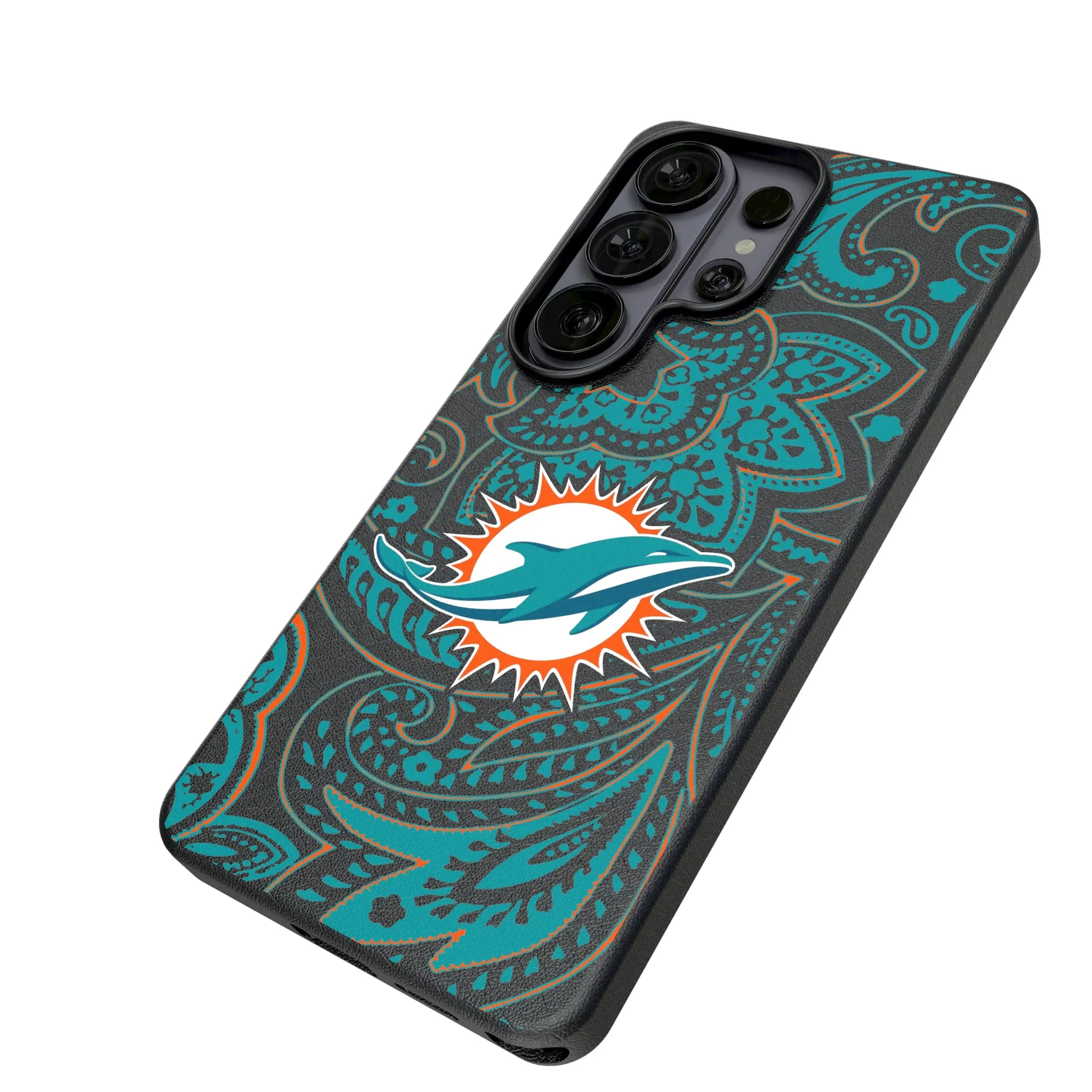 Miami Dolphins Paisley Galaxy MagSafe Compatible Phone Case for Samsung Galaxy - Isometric View#Device_Galaxy S26 Ultra