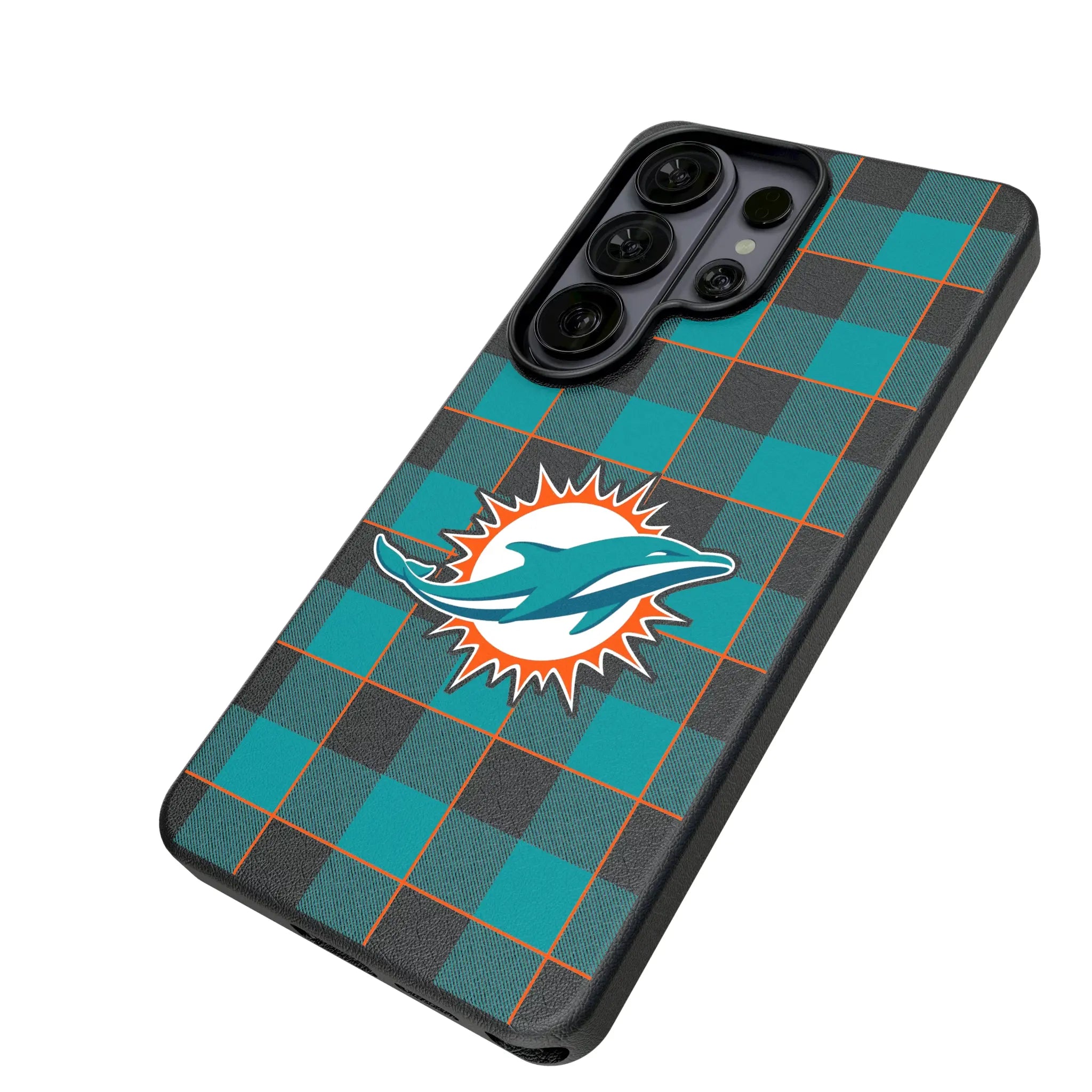Miami Dolphins Plaid Galaxy MagSafe Compatible Phone Case for Samsung Galaxy - Isometric View#Device_Galaxy S26 Ultra
