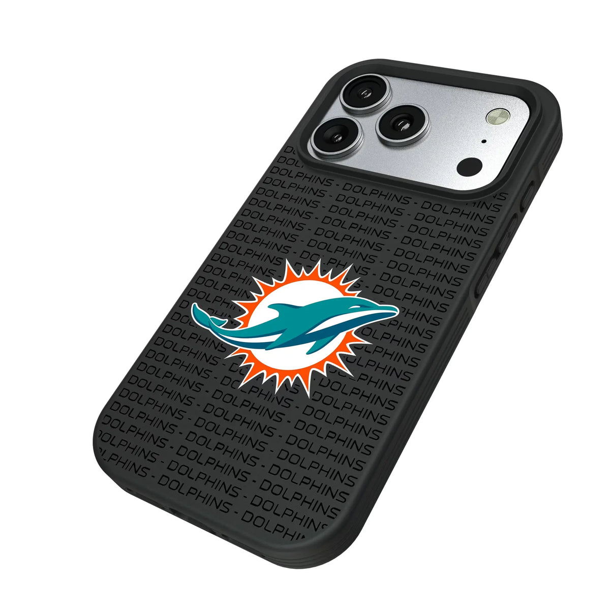 Miami Dolphins Text Backdrop iPhone Bump Phone Case for Apple iPhone - Isometric View#Device_iPhone 17 Pro
