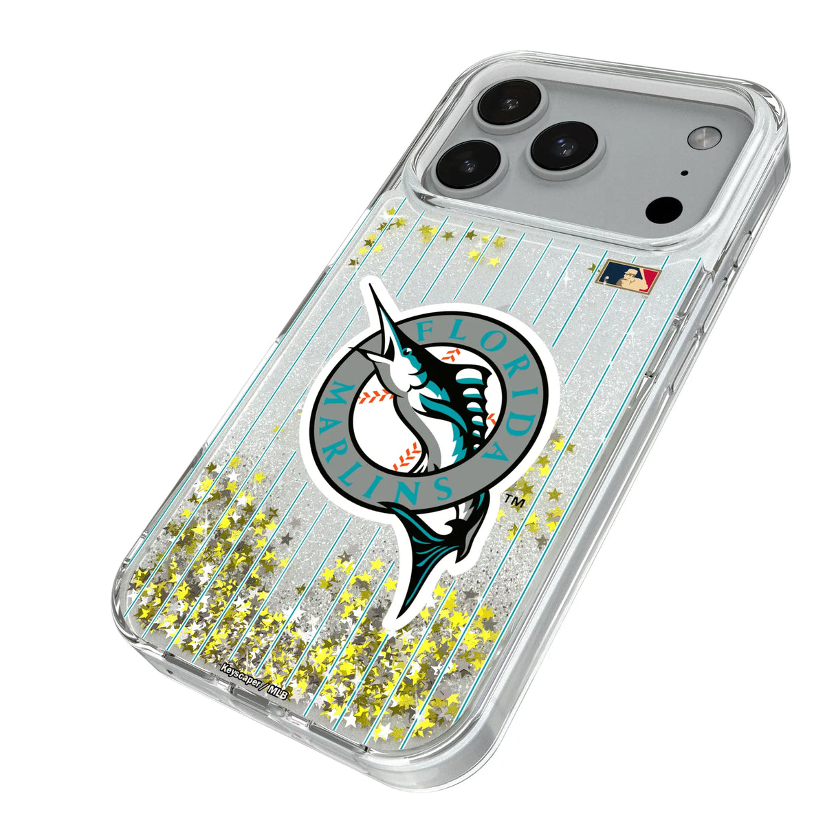 Miami Marlins 1993-2011 - Cooperstown Collection Pinstripe iPhone Glitter Phone Case for Apple iPhone - Isometric View#Device_iPhone 18 Pro