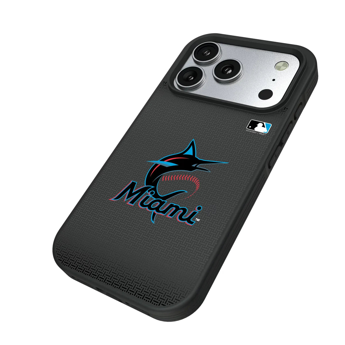 Miami Marlins Linen iPhone Bump Phone Case for Apple iPhone - Isometric View#Device_iPhone 17 Pro