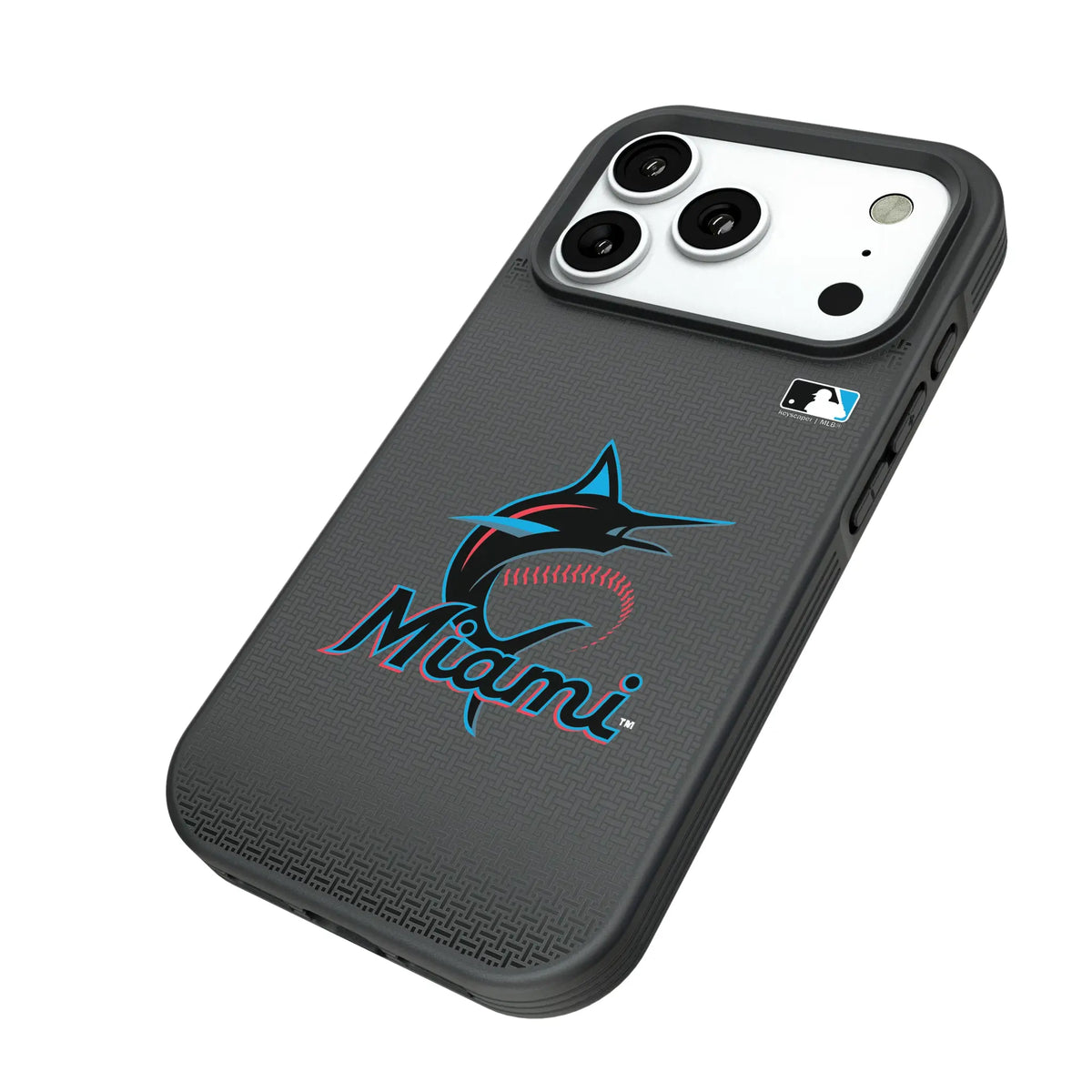 Miami Marlins Linen iPhone Bump Phone Case for Apple iPhone - Isometric View#Device_iPhone 18 Pro