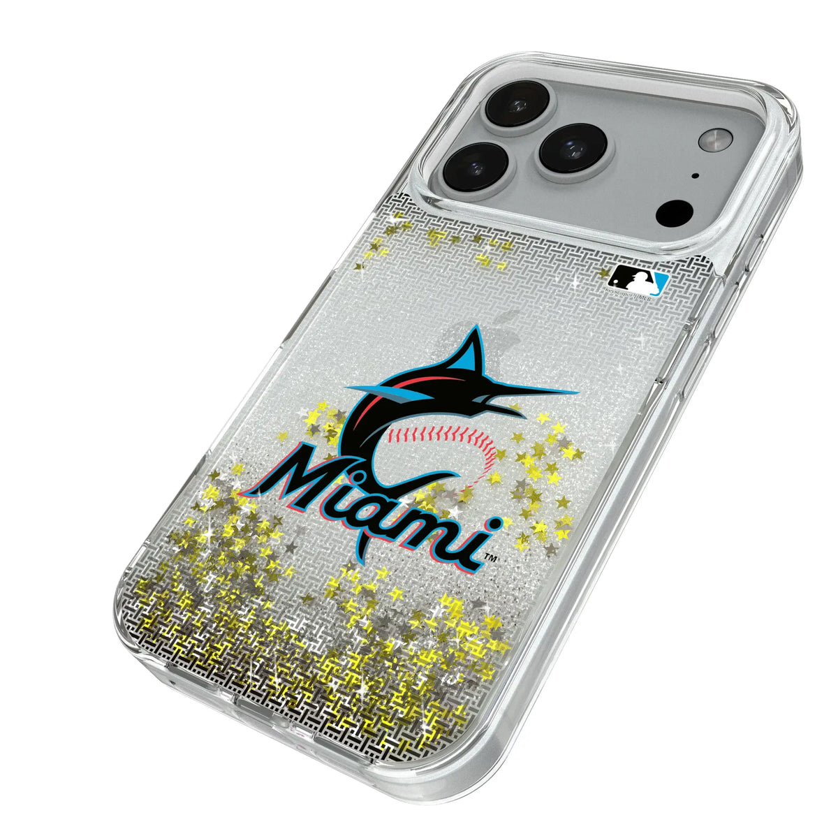 Miami Marlins Linen iPhone Glitter Phone Case for Apple iPhone - Isometric View#Device_iPhone 18 Pro
