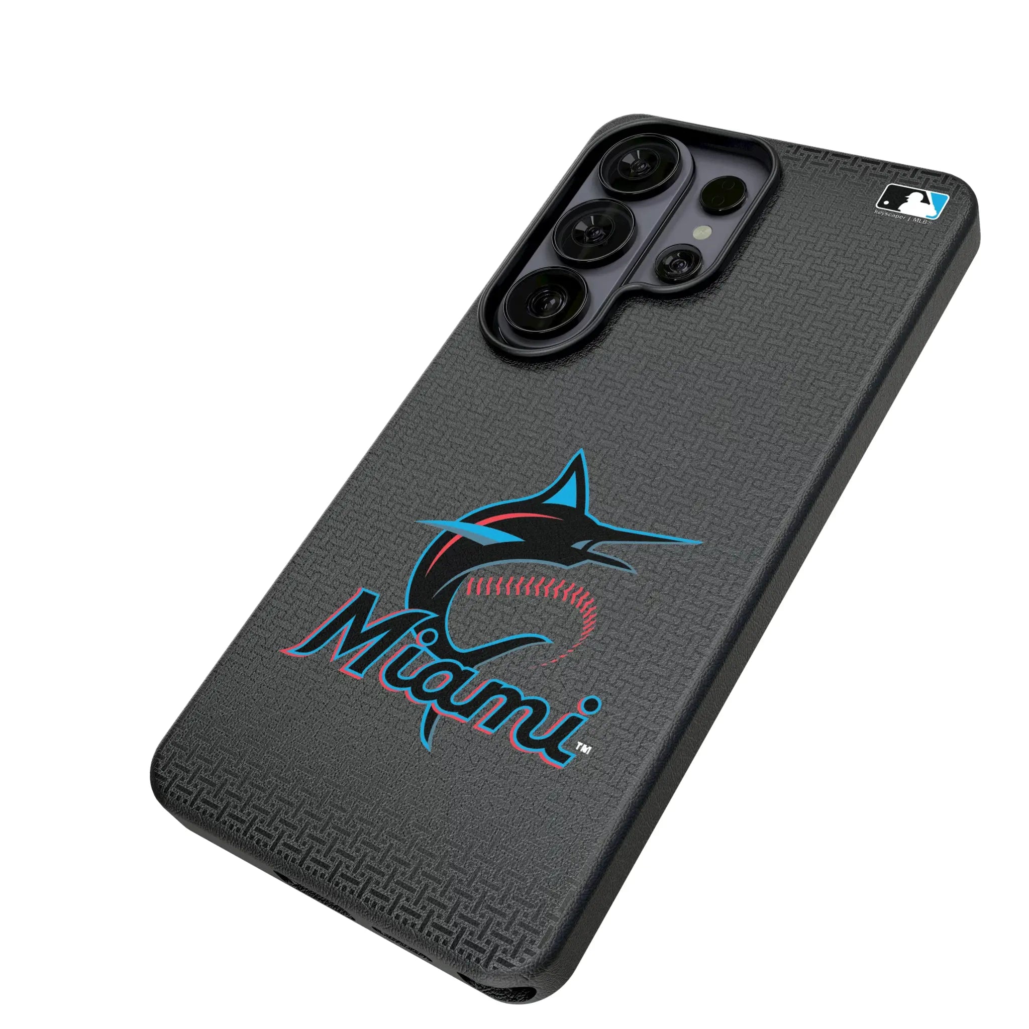 Miami Marlins Linen Galaxy MagSafe Compatible Phone Case for Samsung Galaxy - Isometric View#Device_Galaxy S26 Ultra