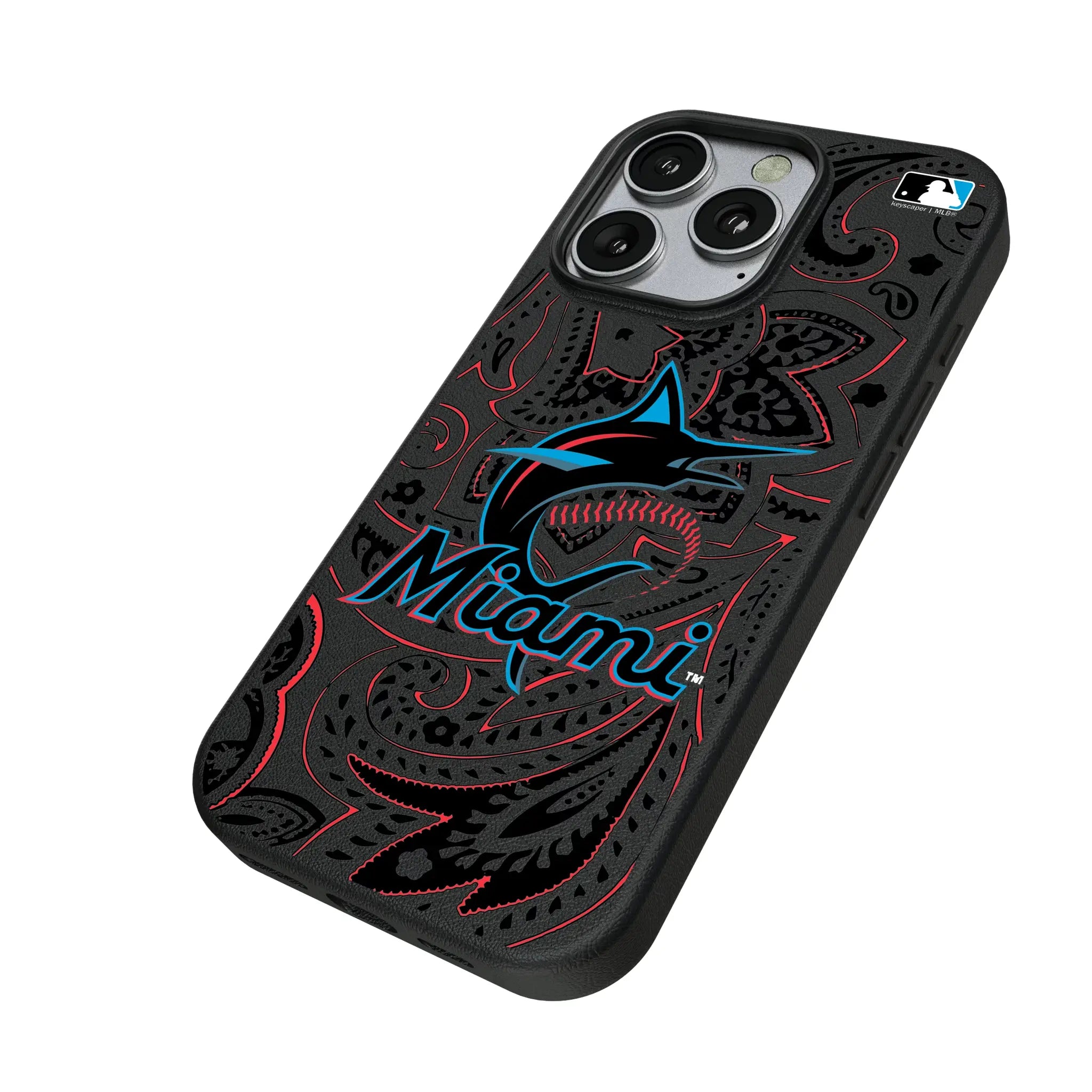 Miami Marlins Paisley iPhone MagSafe Compatible Phone Case for Apple iPhone - Isometric View