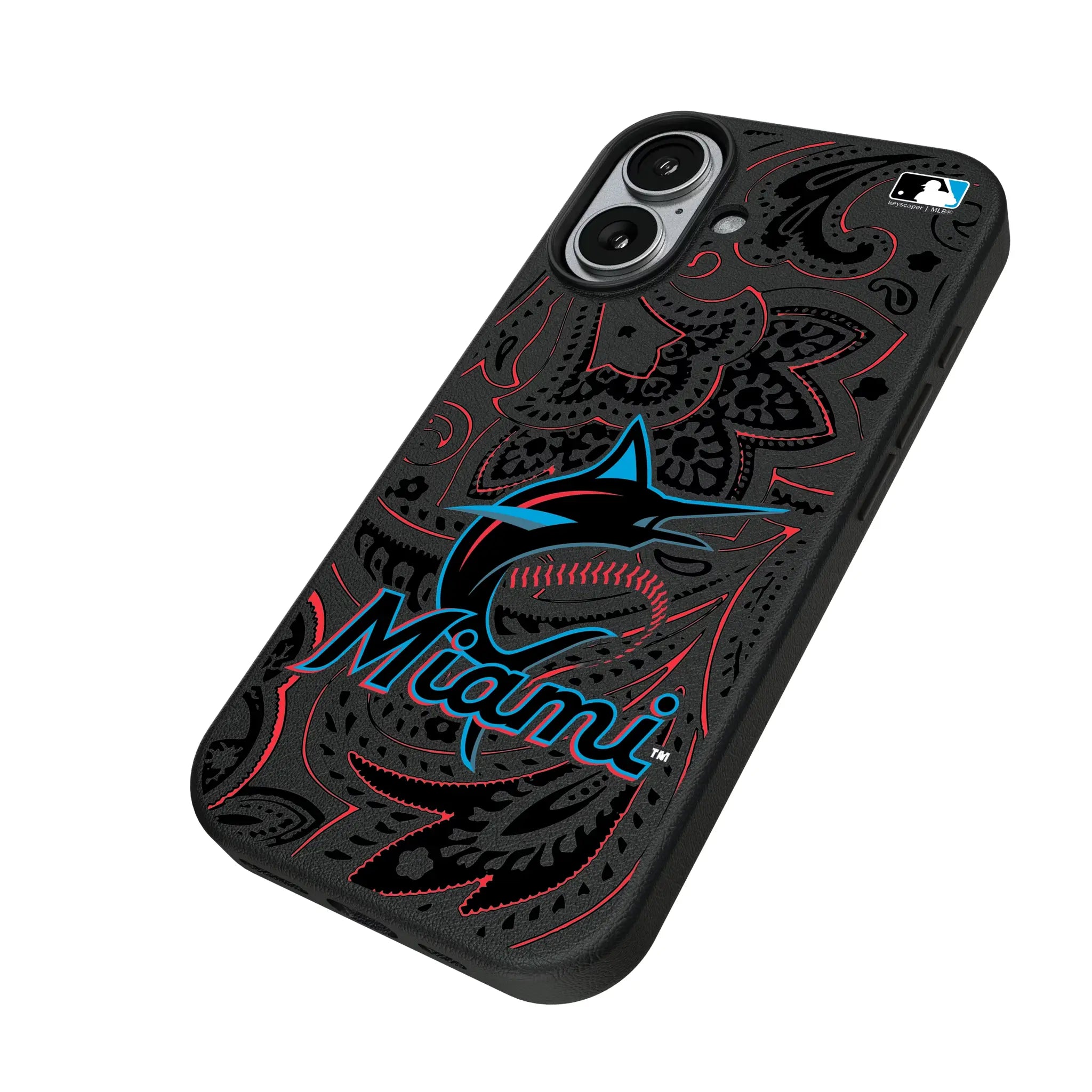 Miami Marlins Paisley iPhone MagSafe Compatible Phone Case for Apple iPhone - Isometric View#Device_iPhone 17