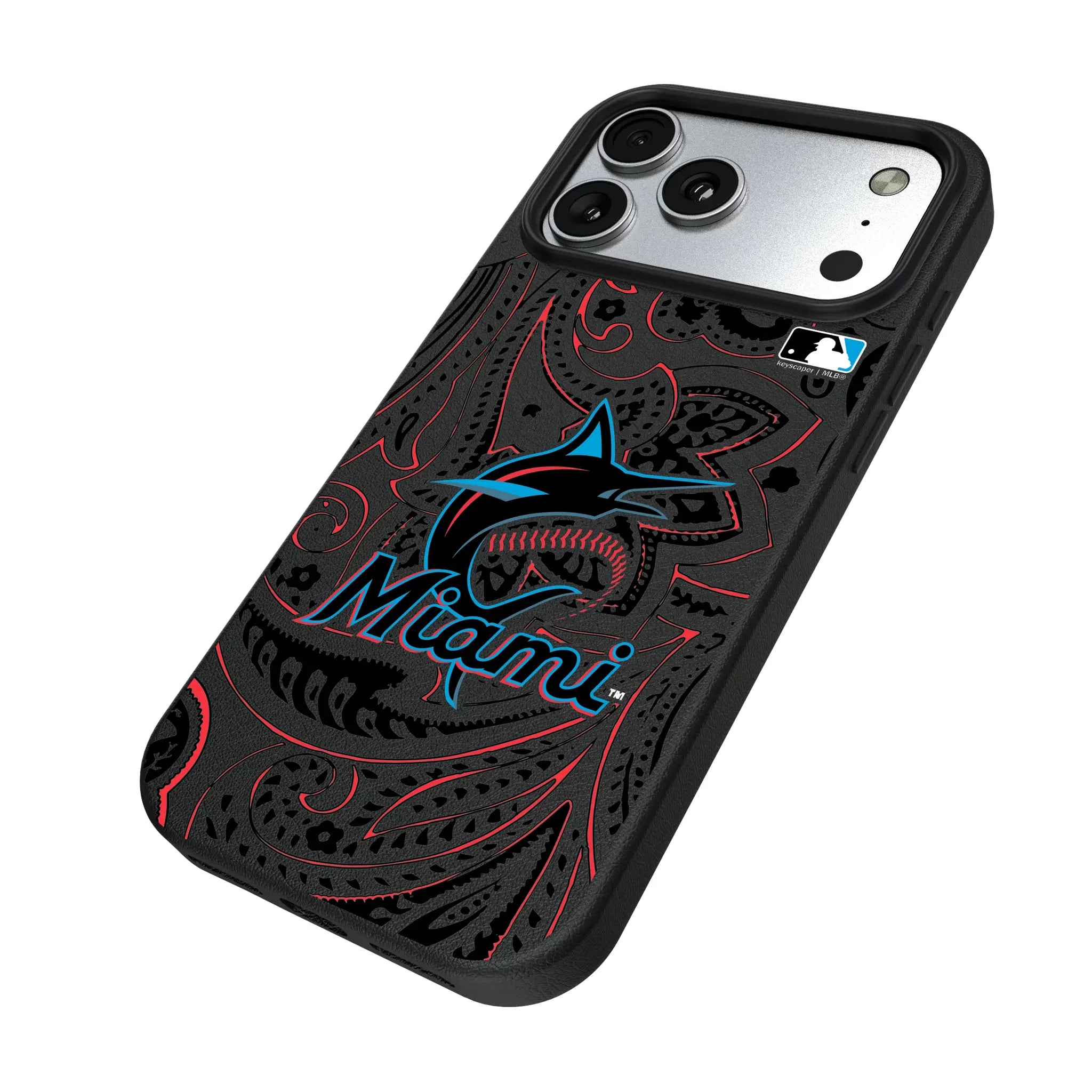Miami Marlins Paisley iPhone MagSafe Compatible Phone Case for Apple iPhone - Isometric View#Device_iPhone 17 Pro Max