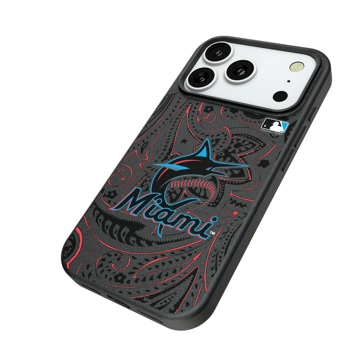 Miami Marlins Paisley iPhone MagSafe Compatible Phone Case for Apple iPhone - Isometric View#Device_iPhone 18 Pro
